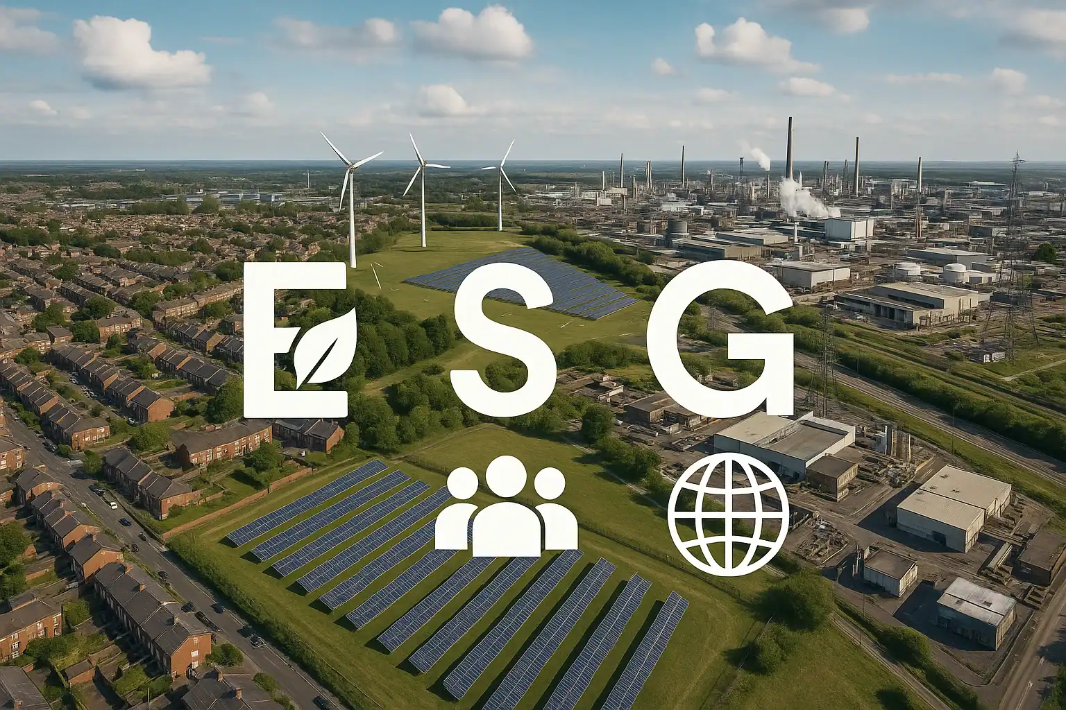 Renewable energy and sustainability symbols over industrial landscape.