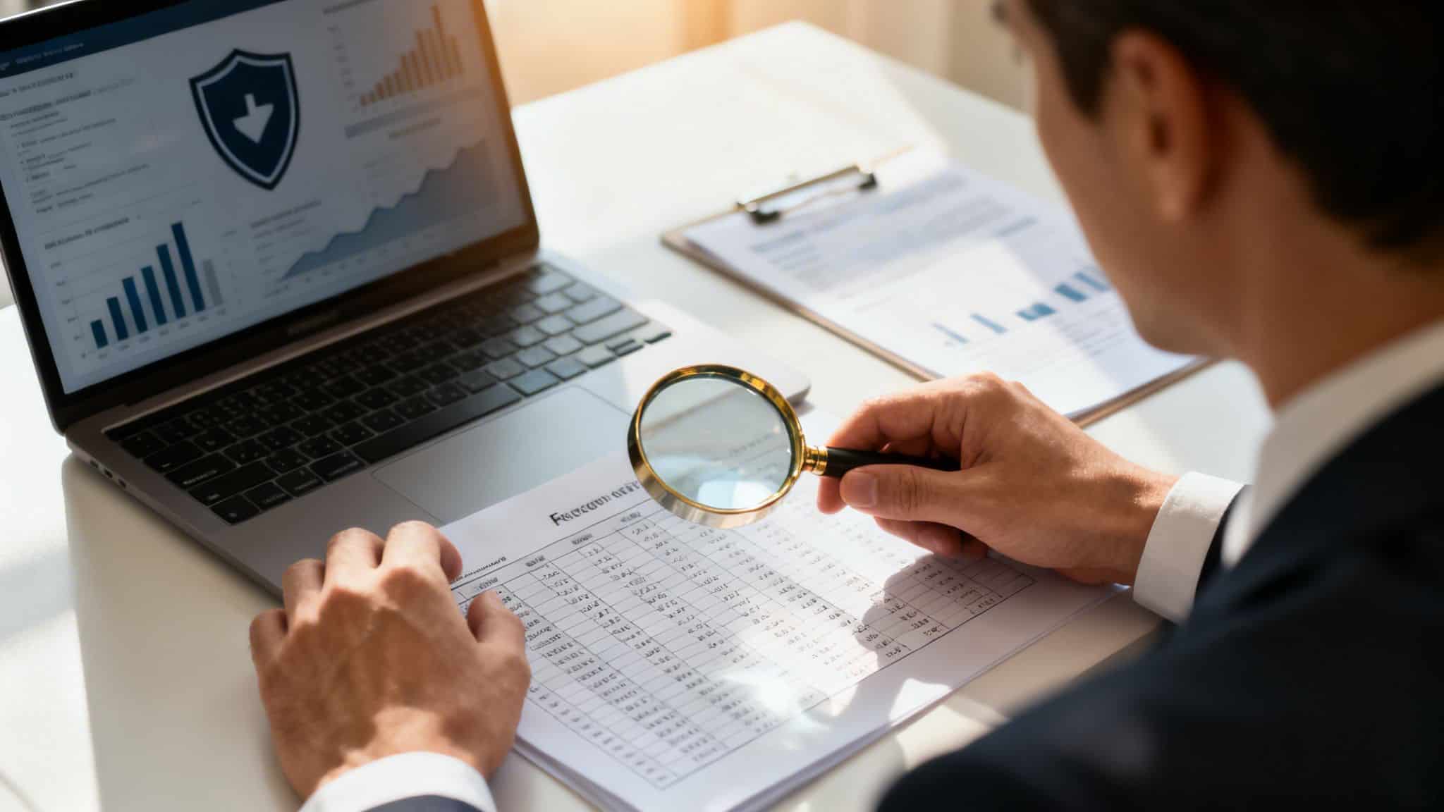 Business professional examining financial data on paper with a magnifying glass and laptop.