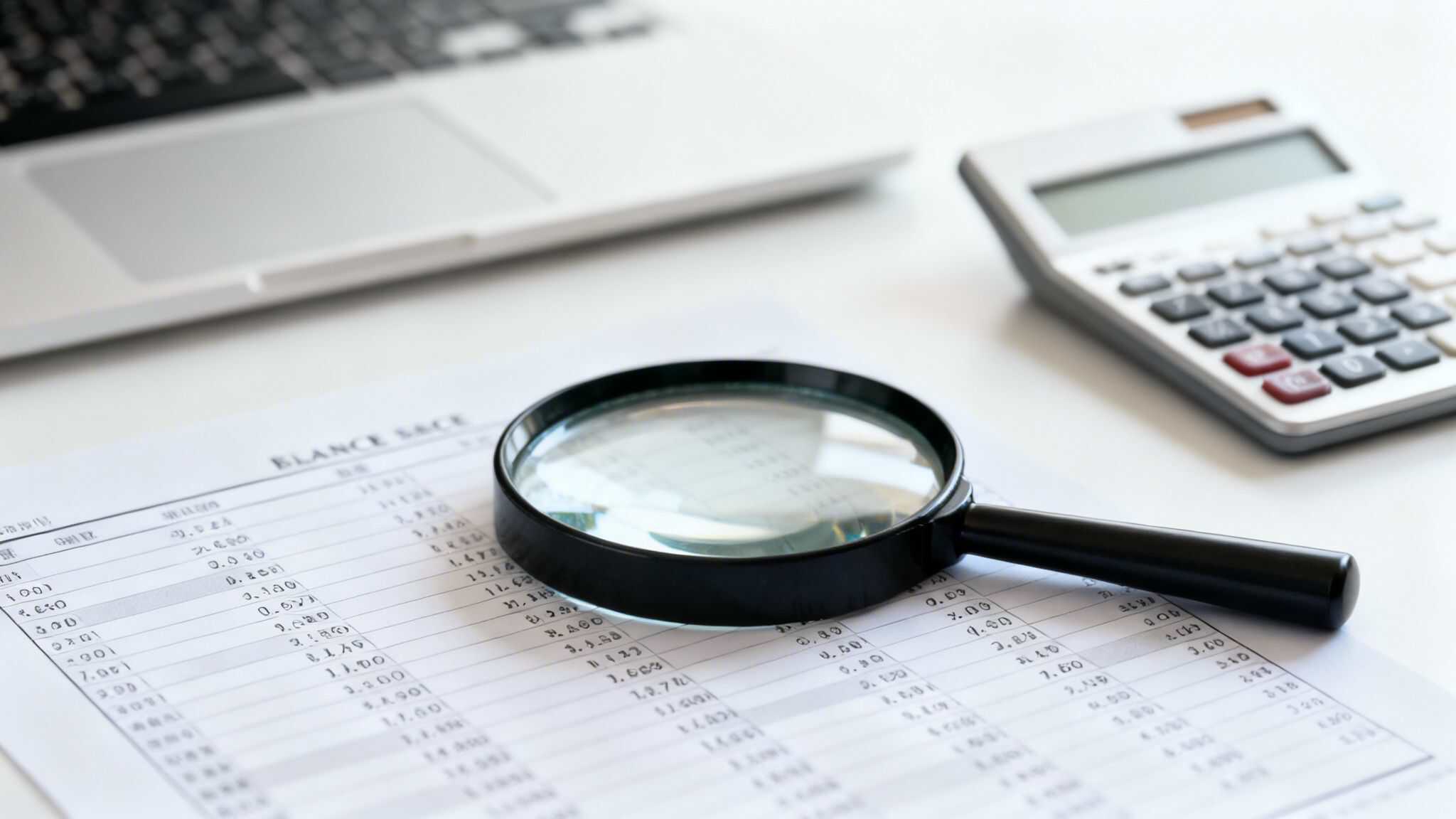 Magnifying glass over financial report for strategic finance analysis.