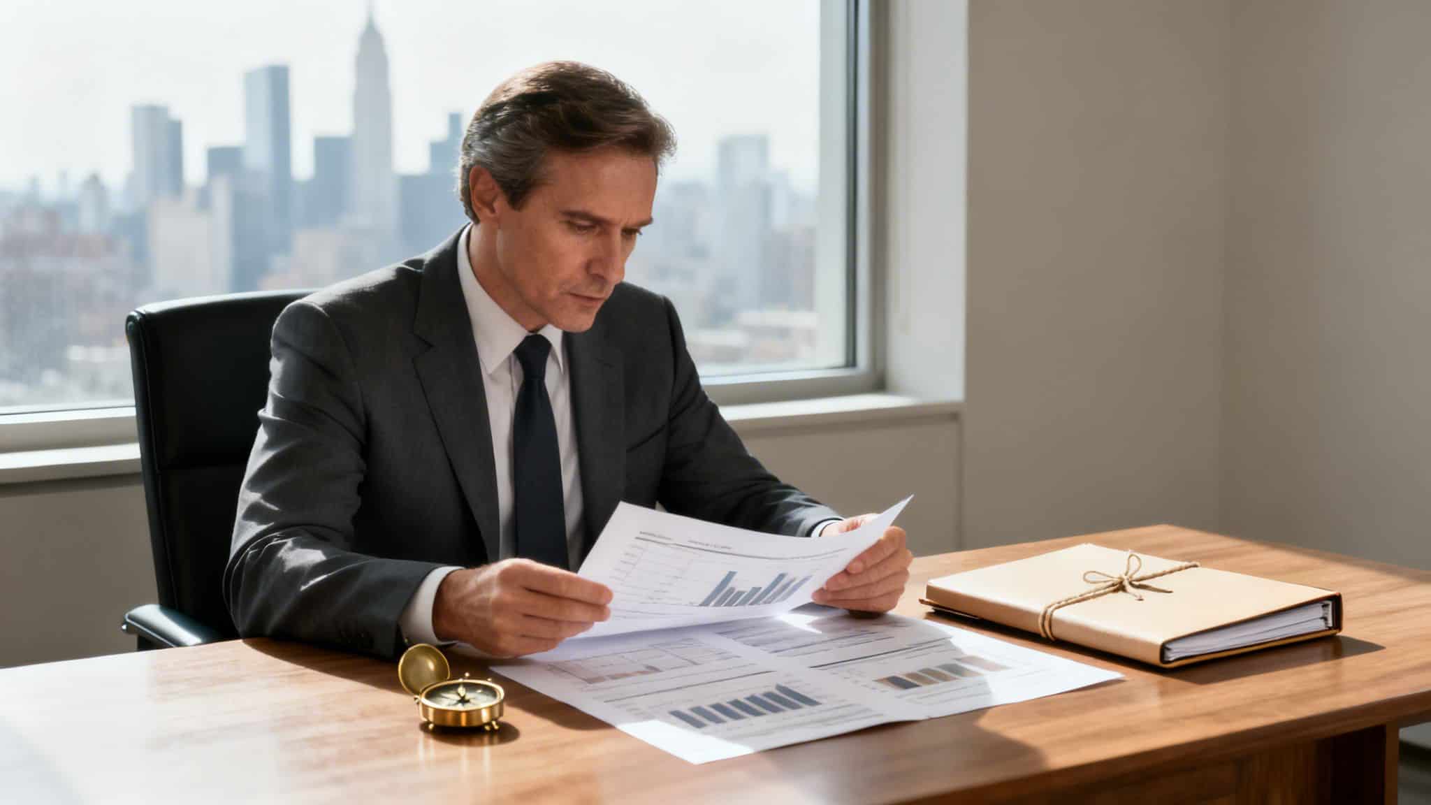 Businessman reviewing financial documents in office with city view.