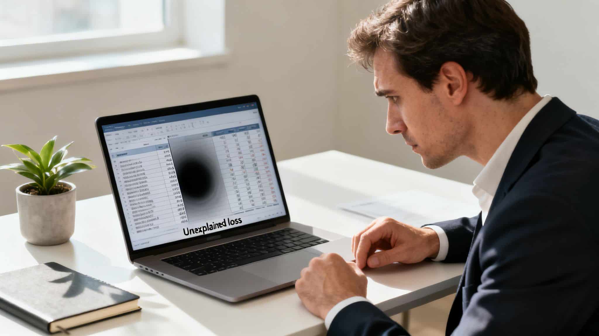 Businessman analyzing digital data on laptop for forensic investigation.