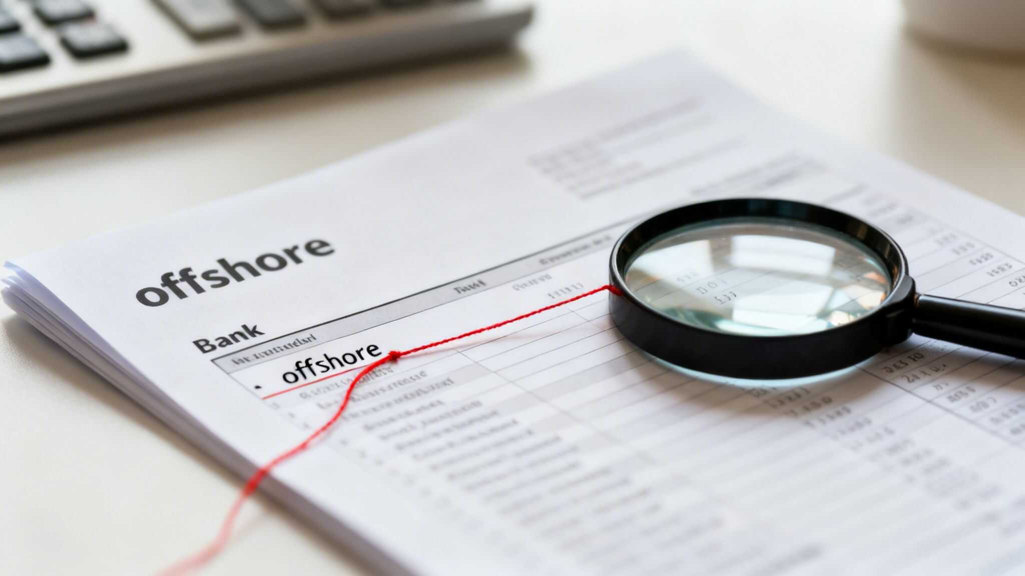 Offshore financial document with magnifying glass highlighting details.