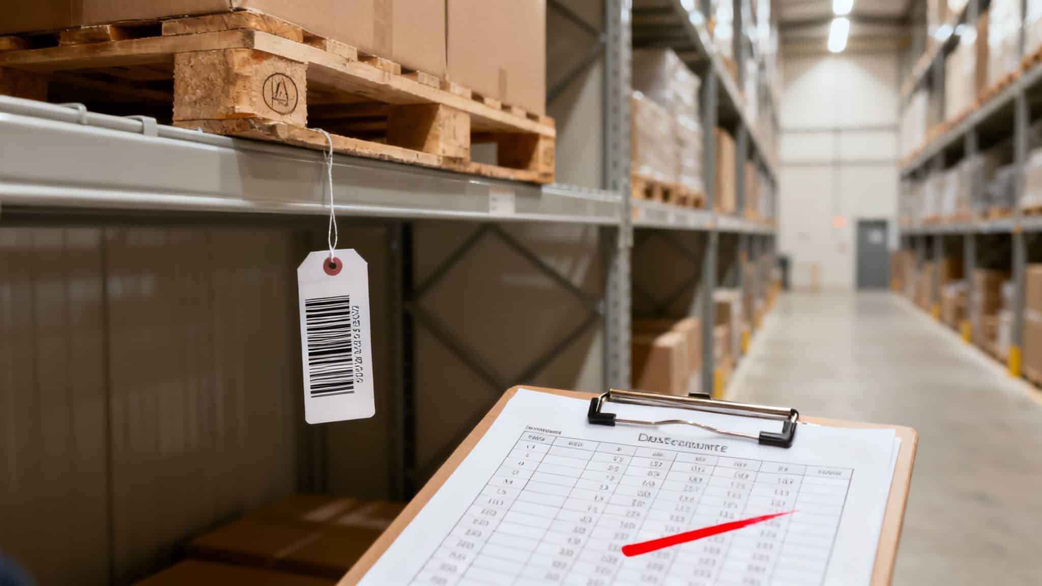 A person reviews a checklist in a warehouse with shelves, boxes, and a hanging barcode tag.