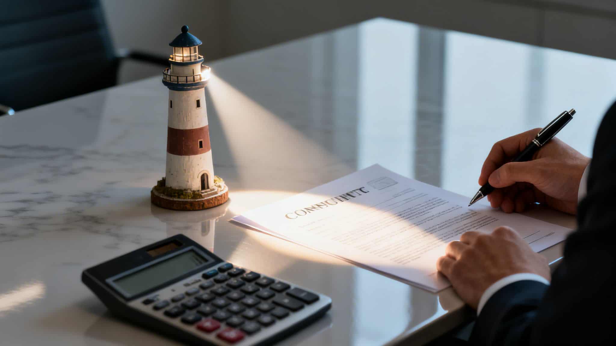 Business professional reviewing documents with lighthouse model on desk.