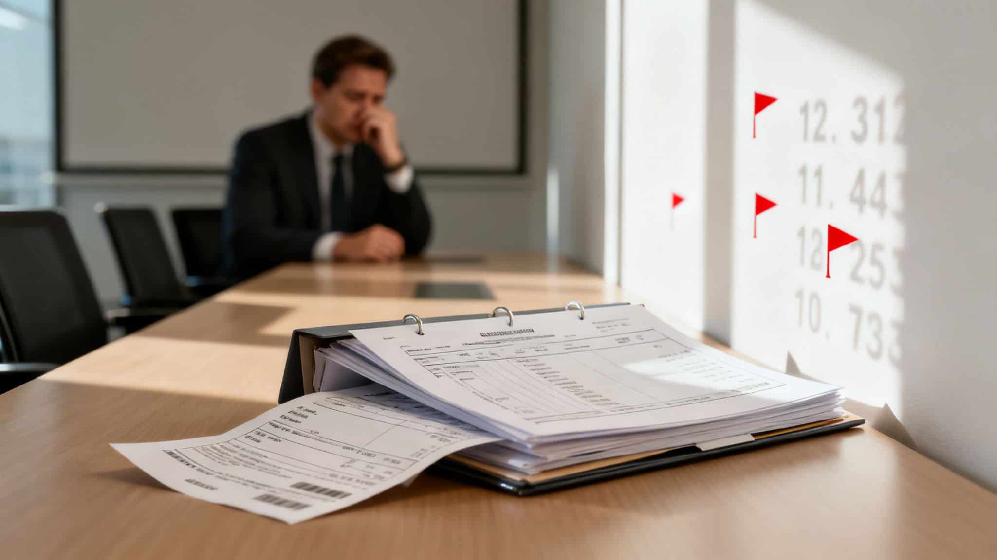 Businessman analyzing documents for M&A risk and disaster prevention.