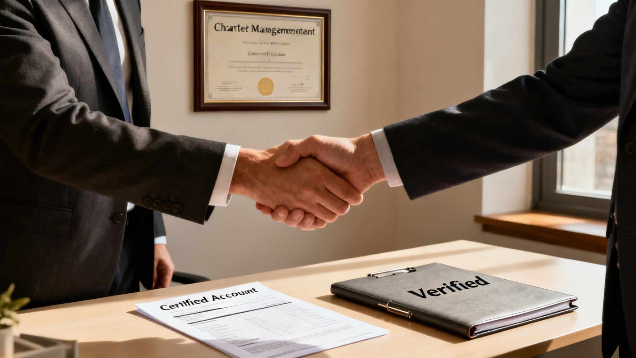 Forensic accountants shaking hands during a business acquisition meeting.