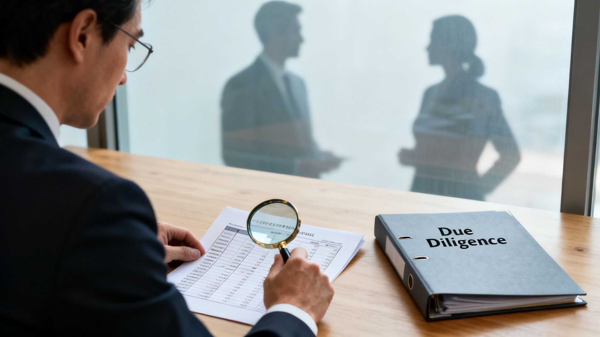 Businessman performing due diligence, examining financial documents with a magnifying glass on a wooden desk.