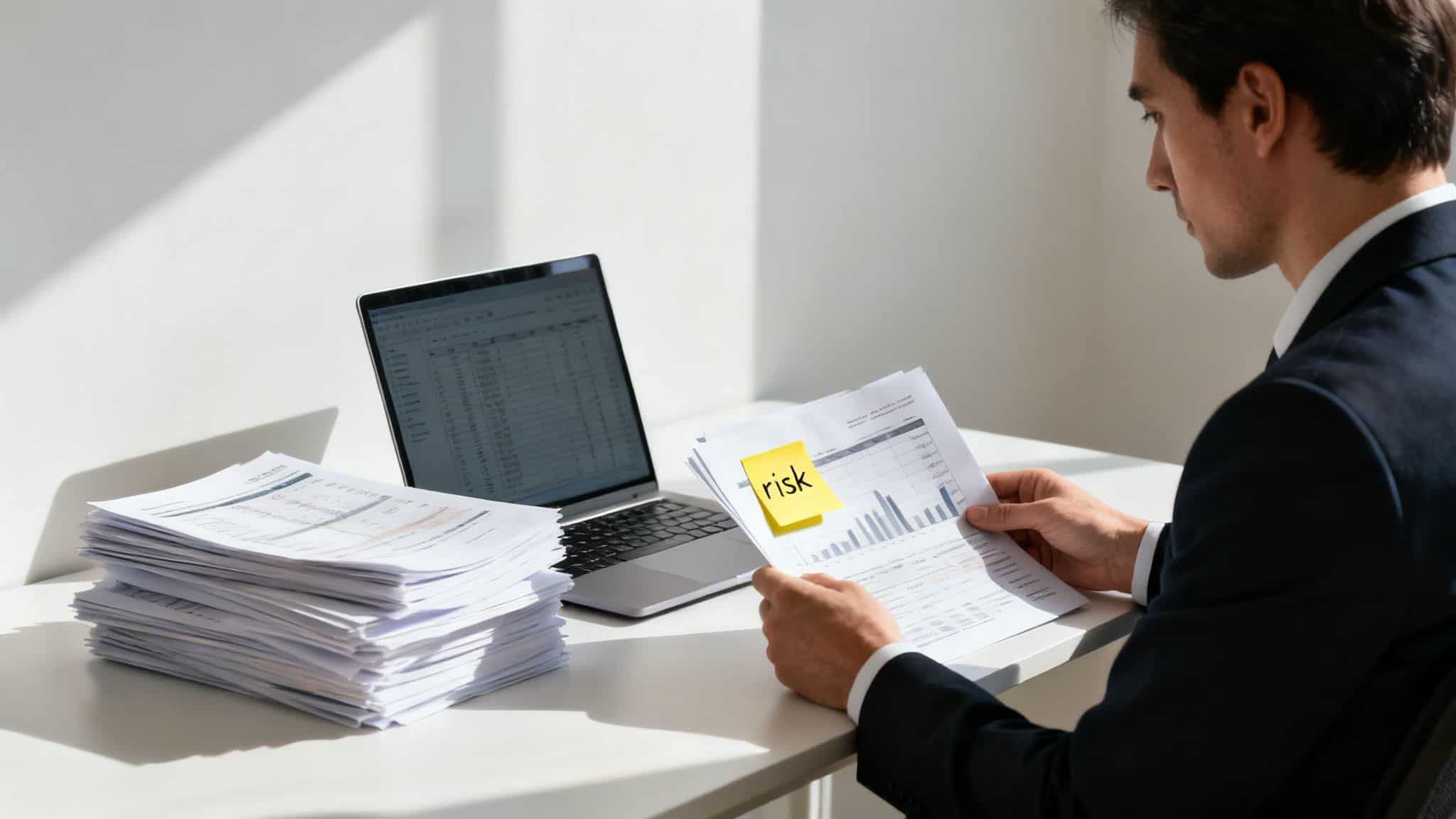 Forensic accountants reviewing financial documents related to business acquisitions and risk assessm.