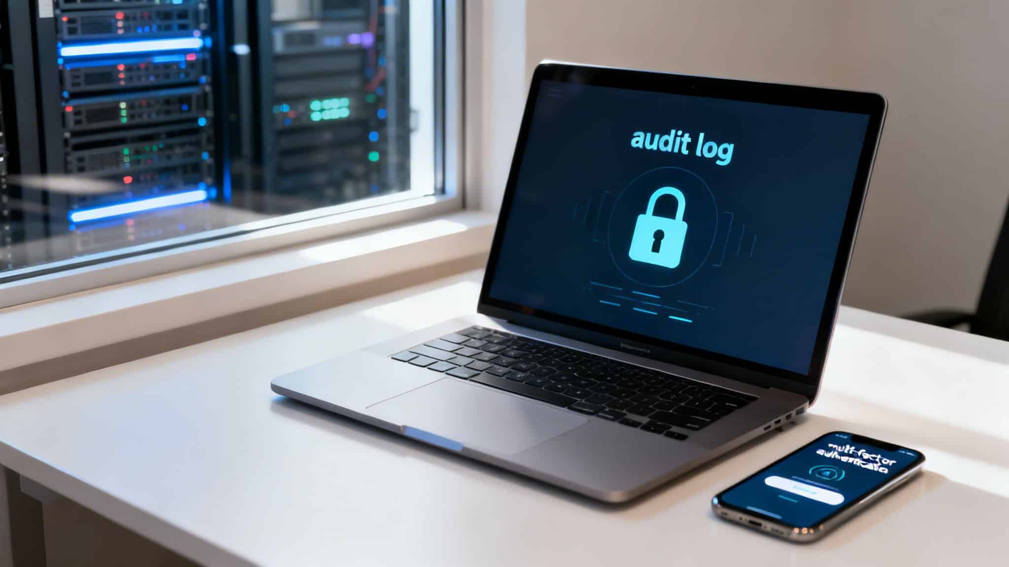 A laptop displaying 'audit log' with a padlock, next to a smartphone showing 'multi-factor authentication' in a server room.