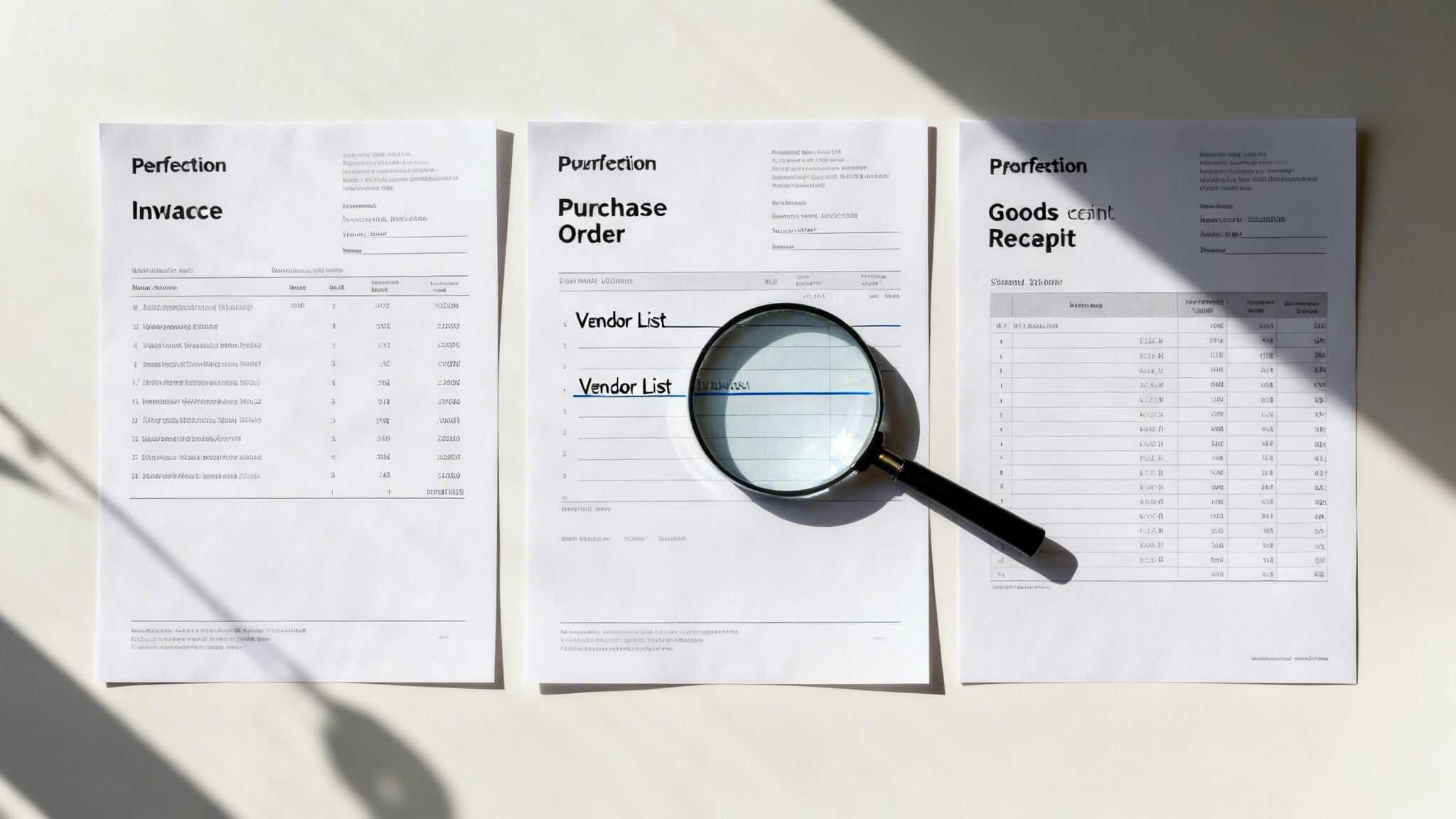 Three business documents laid out, with a magnifying glass resting on the center purchase order.