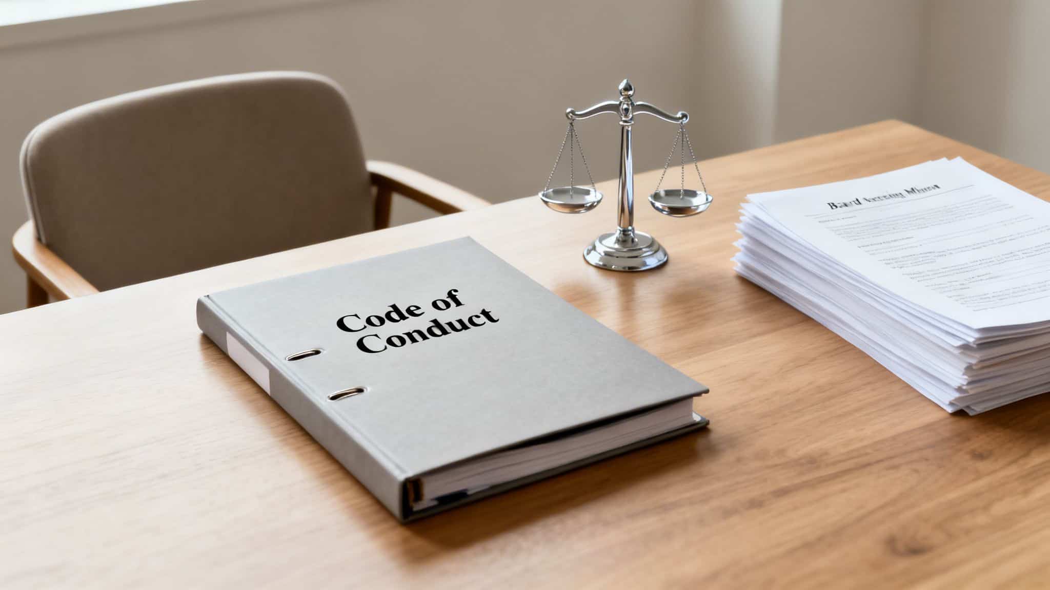 A 'Code of Conduct' binder, scales of justice, and documents on a wooden desk.