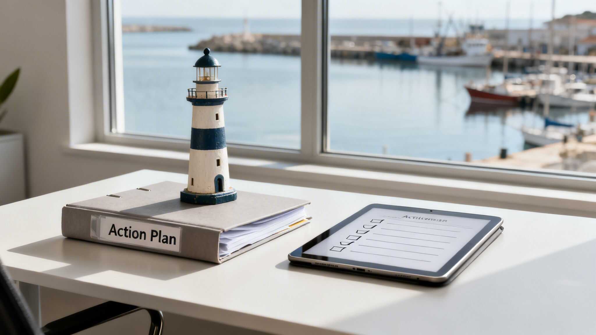 Lighthouse model on desk with harbor view, maritime investigation focus.