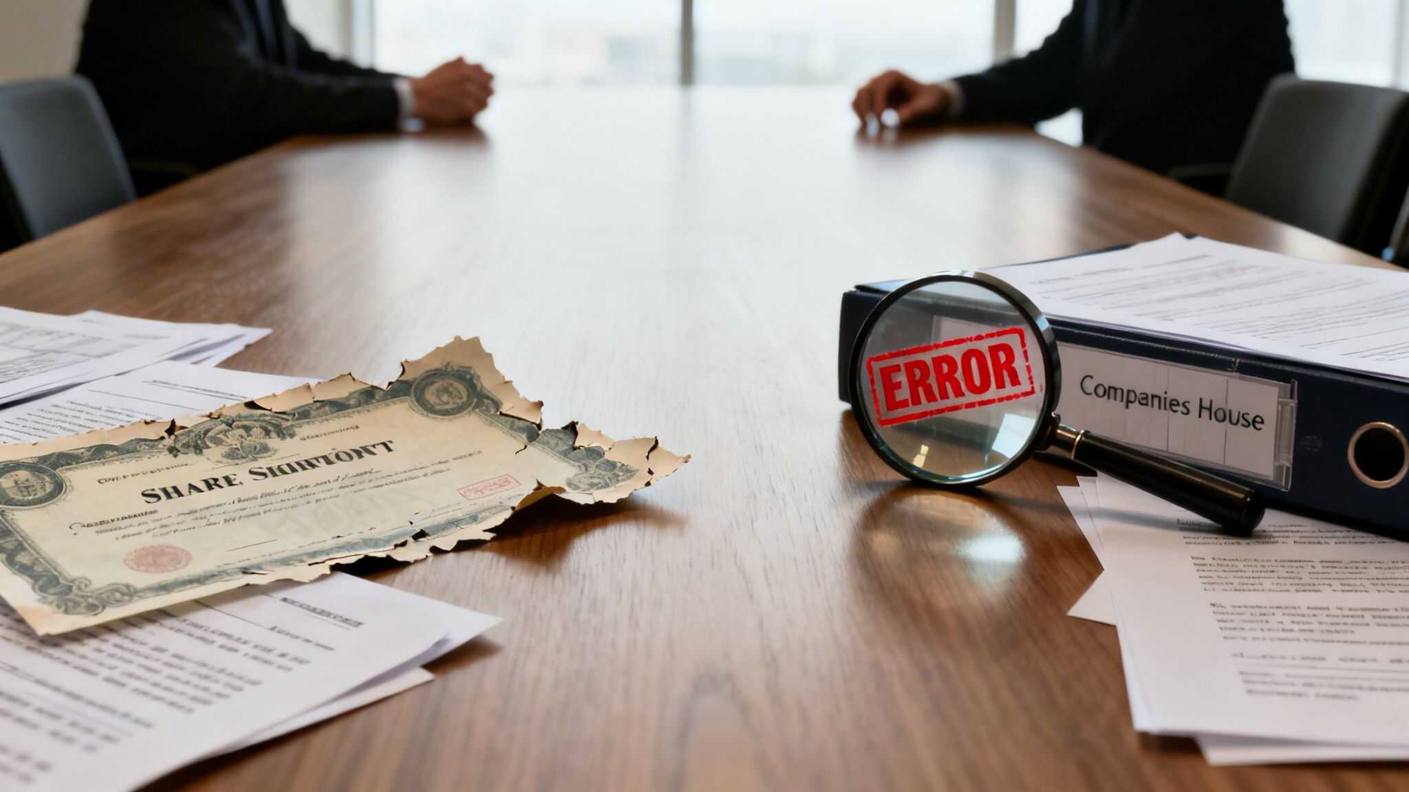 Image of share support documents and error magnifying glass on a business table.