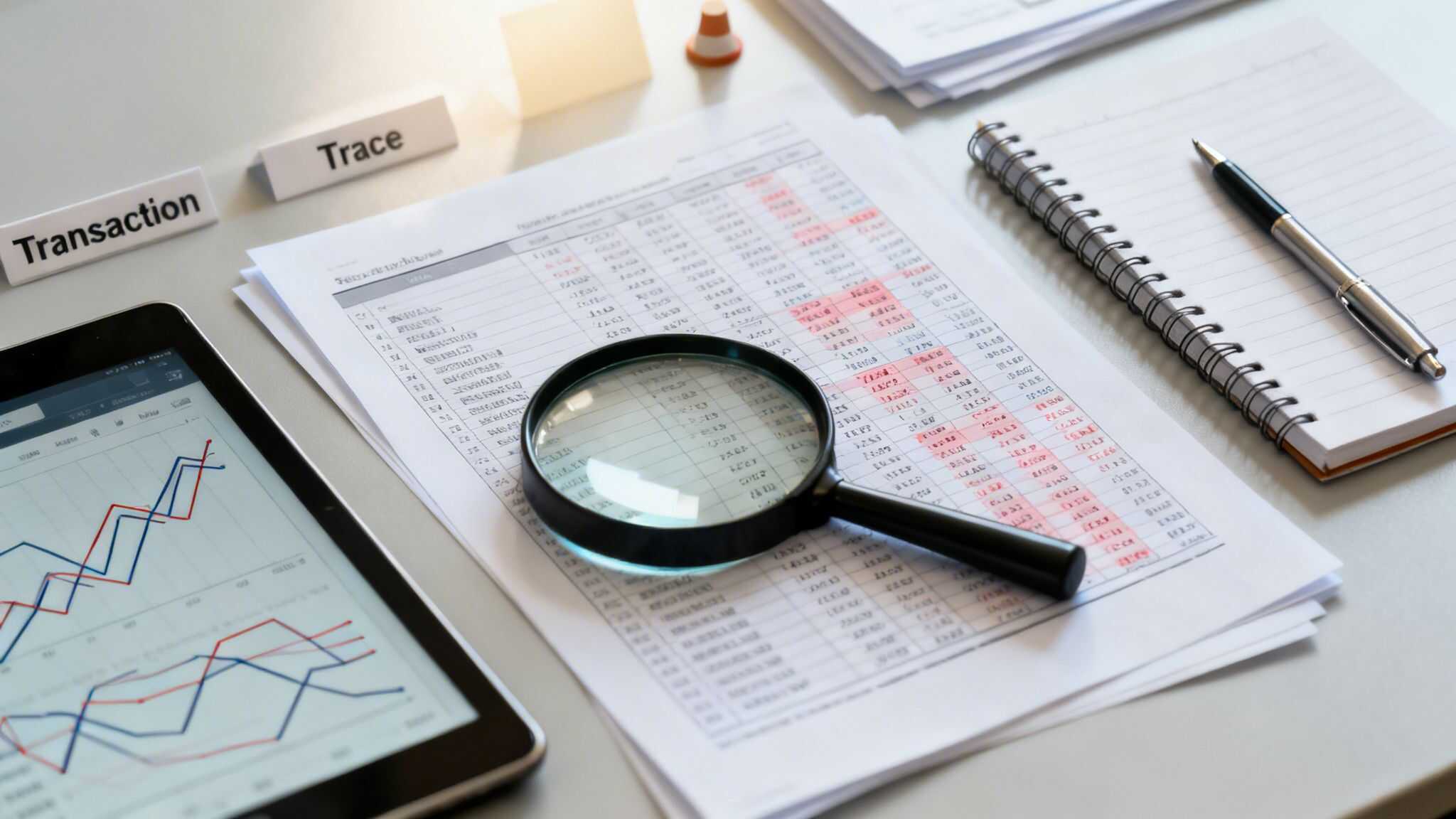 Business liquidation analysis with documents and magnifying glass.
