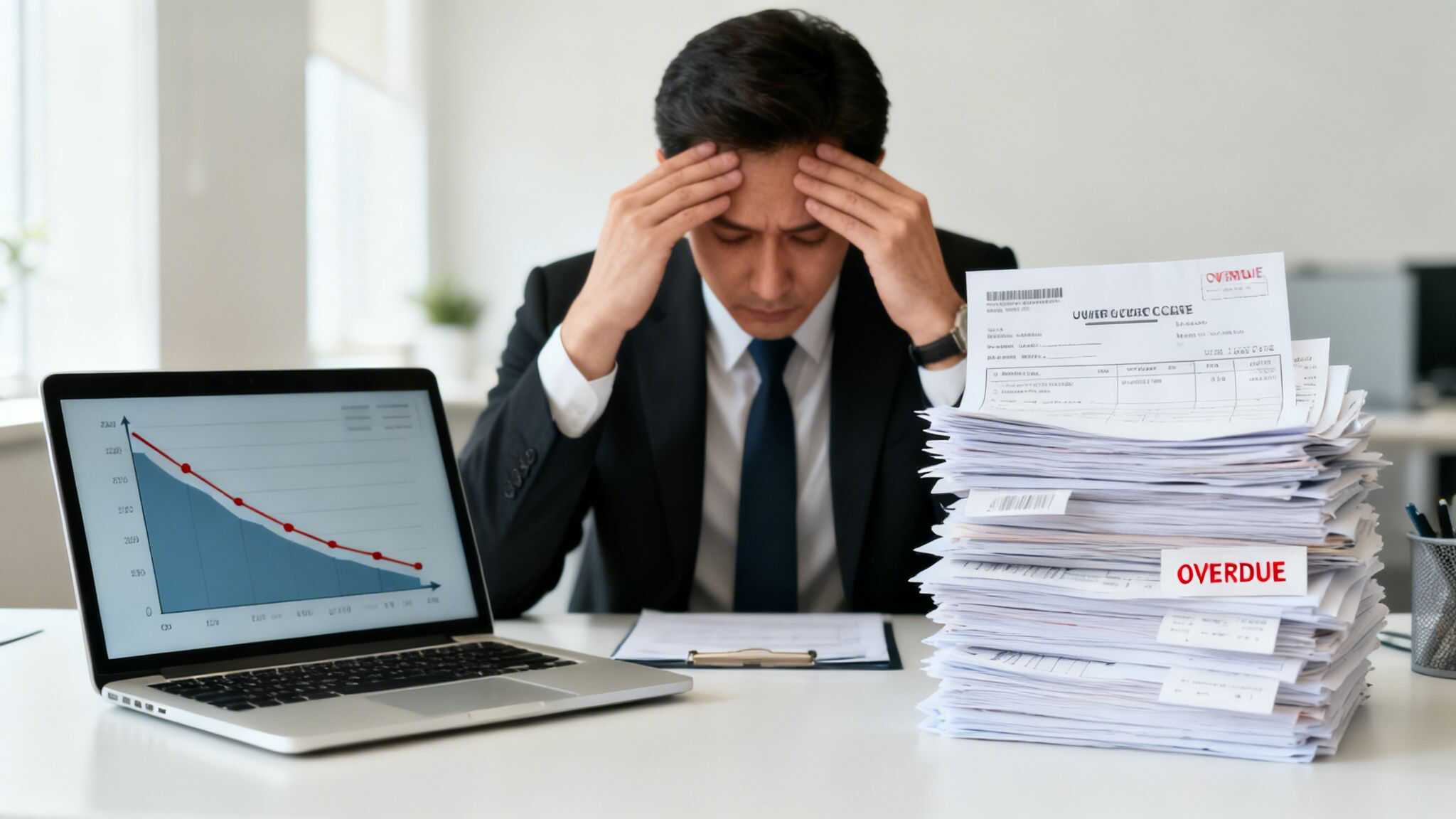 Businessman overwhelmed with liquidation paperwork and overdue notices.