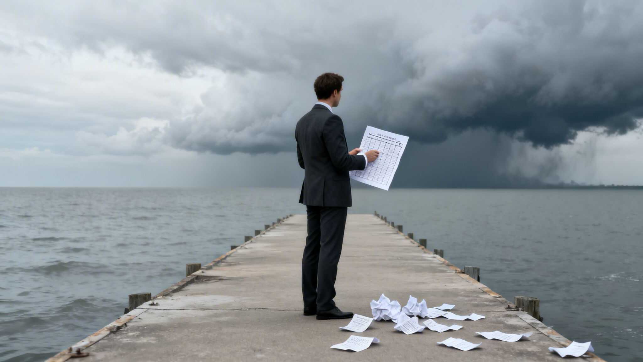 Business professional analyzing documents on a pier with stormy sky backdrop.