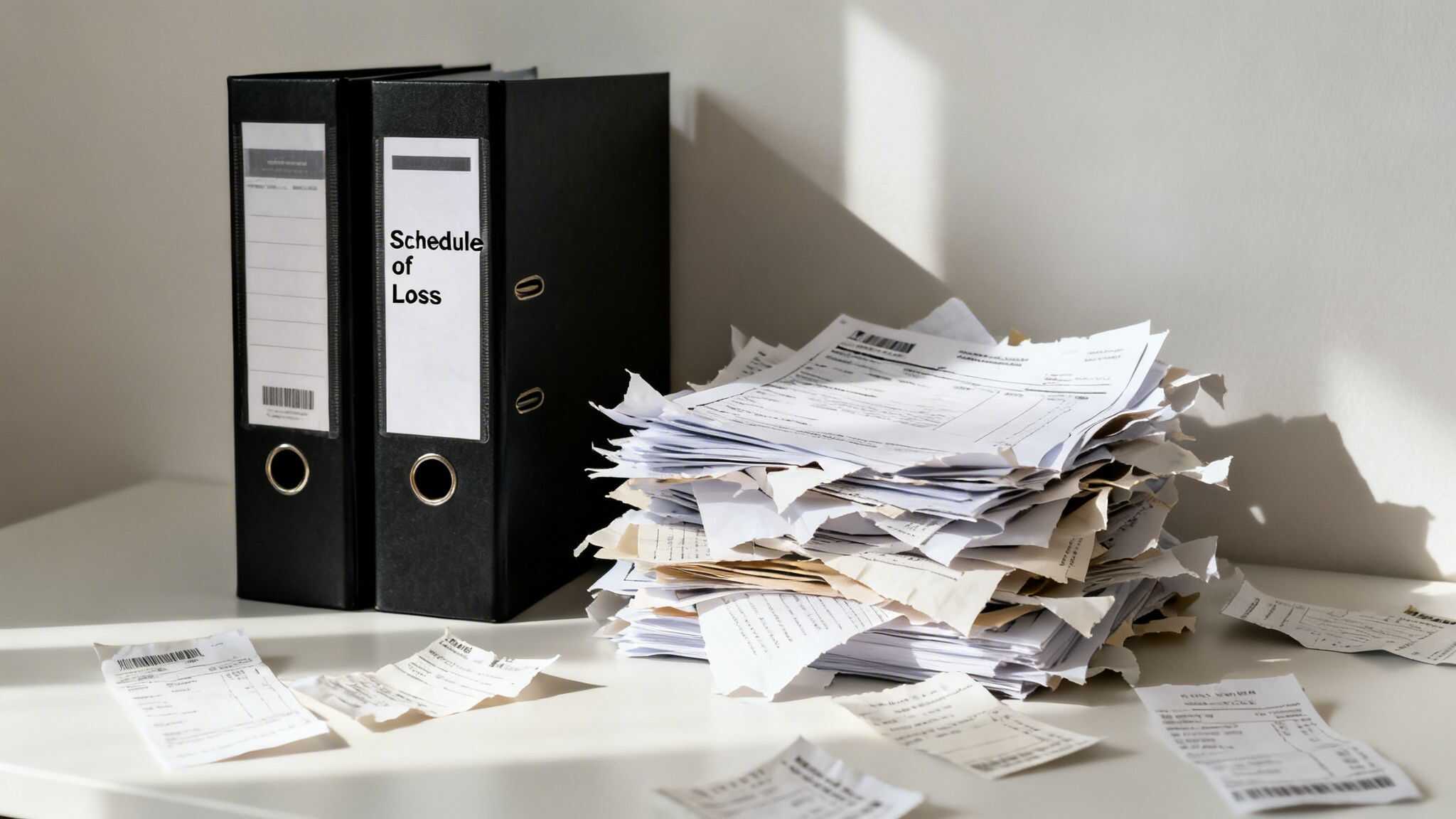Disorganized papers and files related to business interruption and dispute recovery.