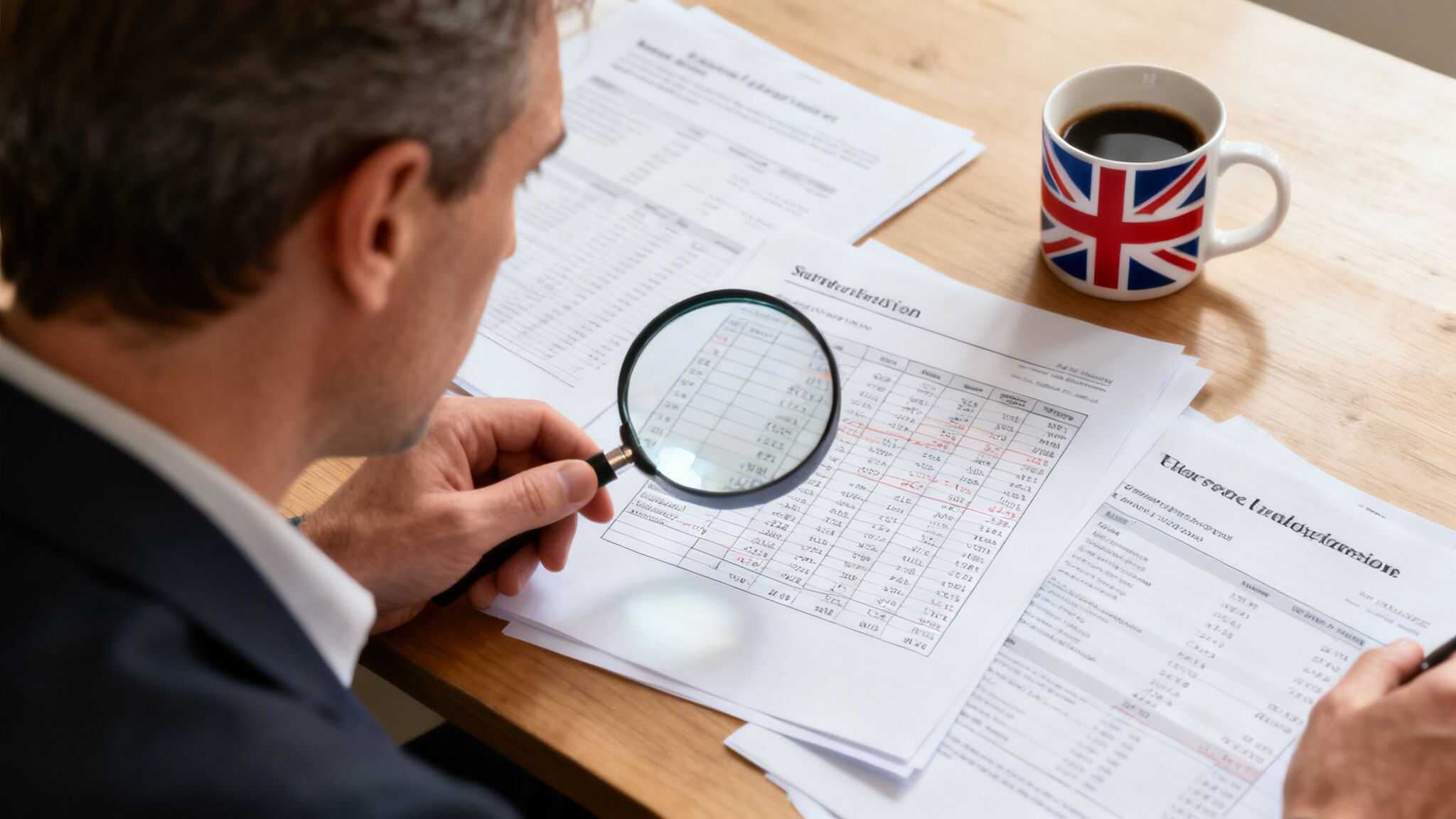 A man in a suit carefully examines financial documents with a magnifying glass and a UK flag mug.
