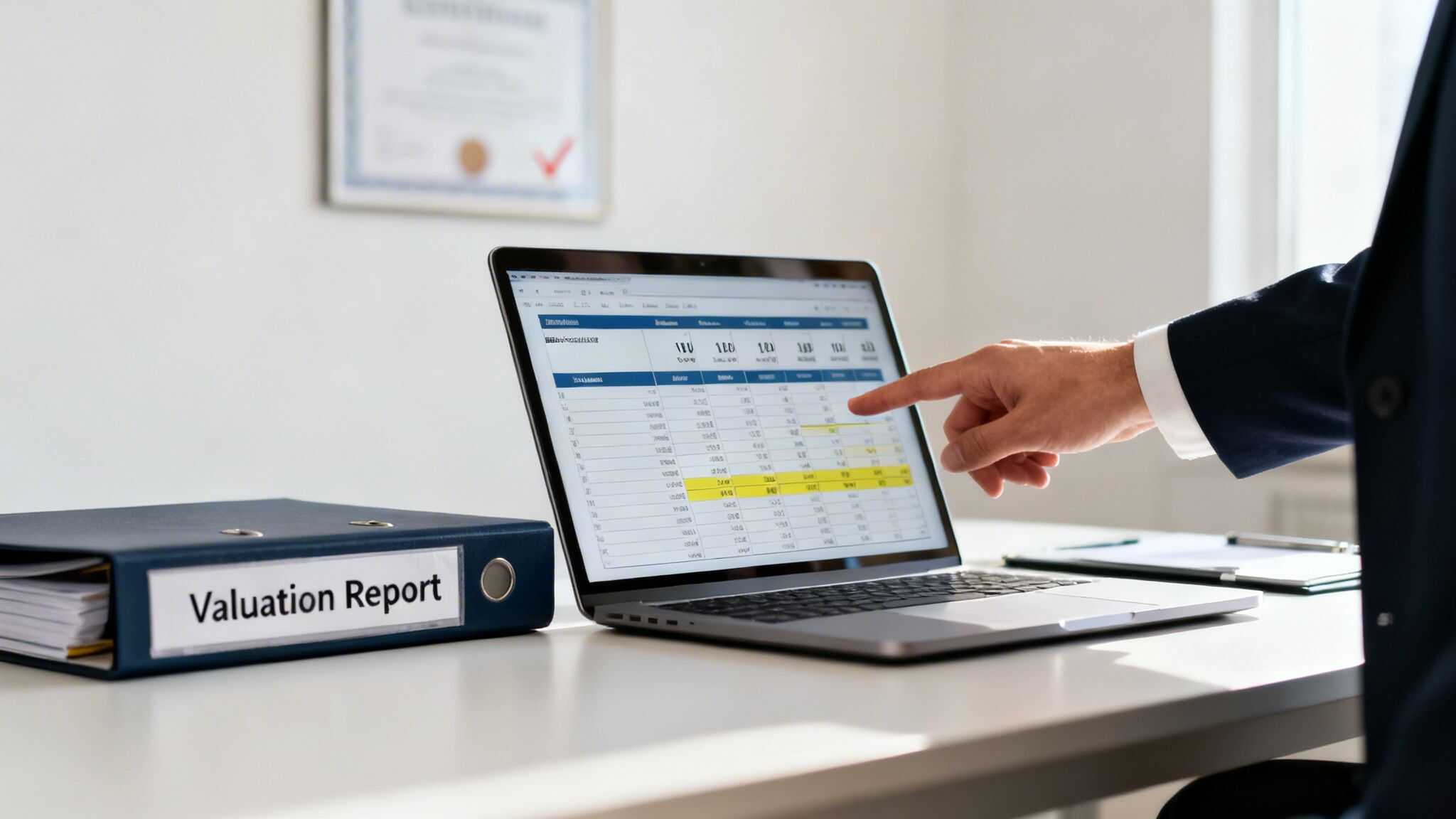 Business valuation report being reviewed on a laptop at Lighthouse Consultants.