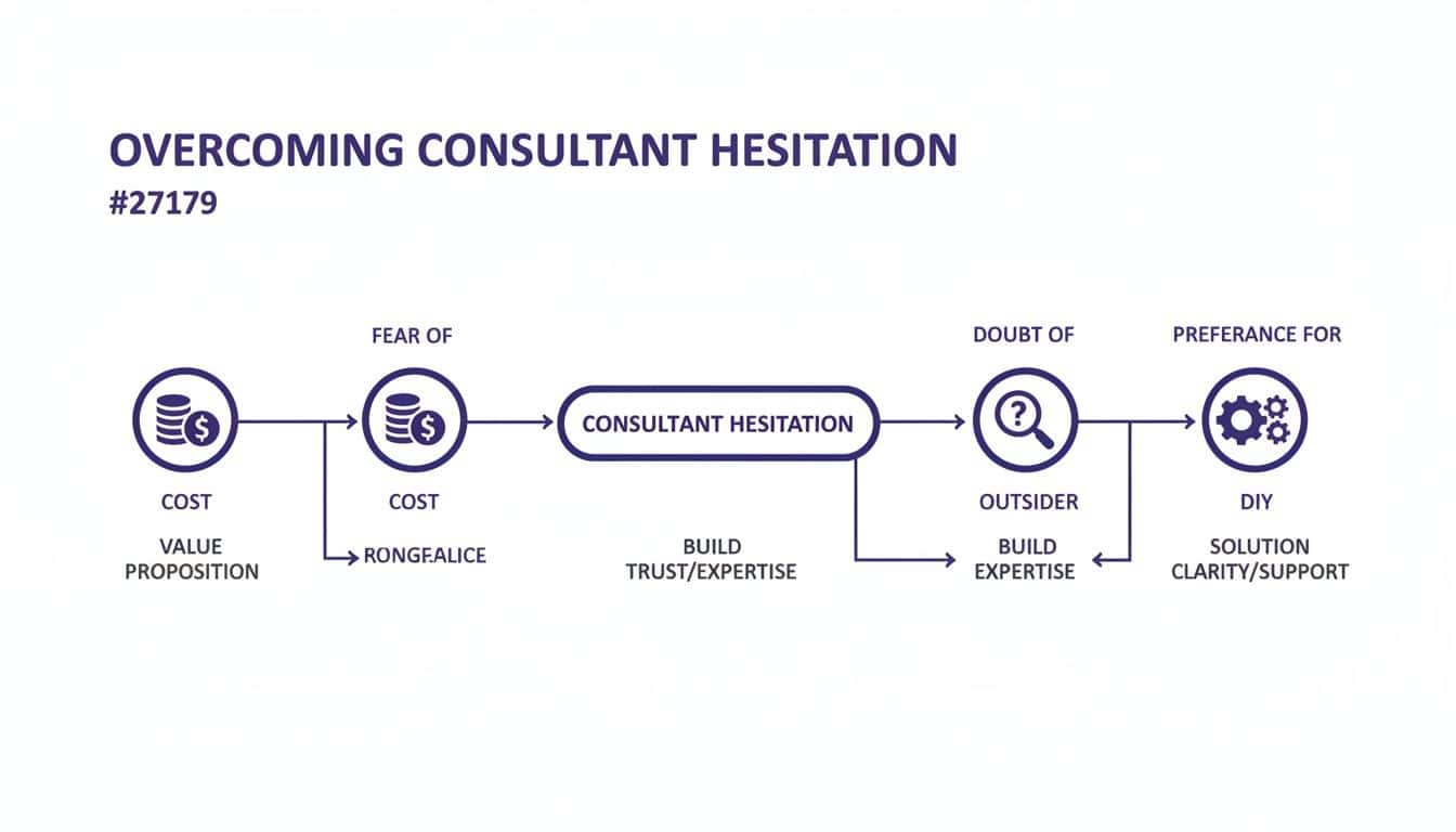Flowchart illustrating factors contributing to consultant hesitation and strategies to overcome them.