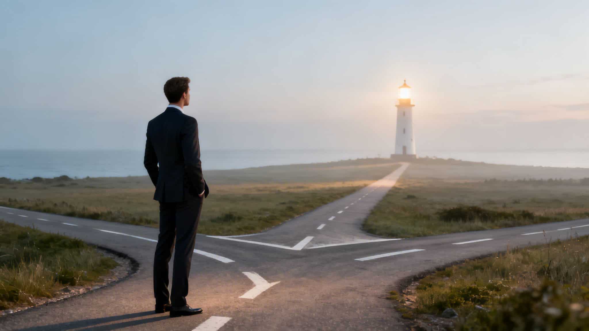 A businessman in a suit standing at a crossroads looking towards a lighthouse at sunset.