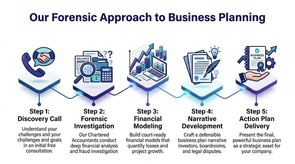 A five-step infographic illustrating a professional forensic approach to developing strategic business plans for organizations.