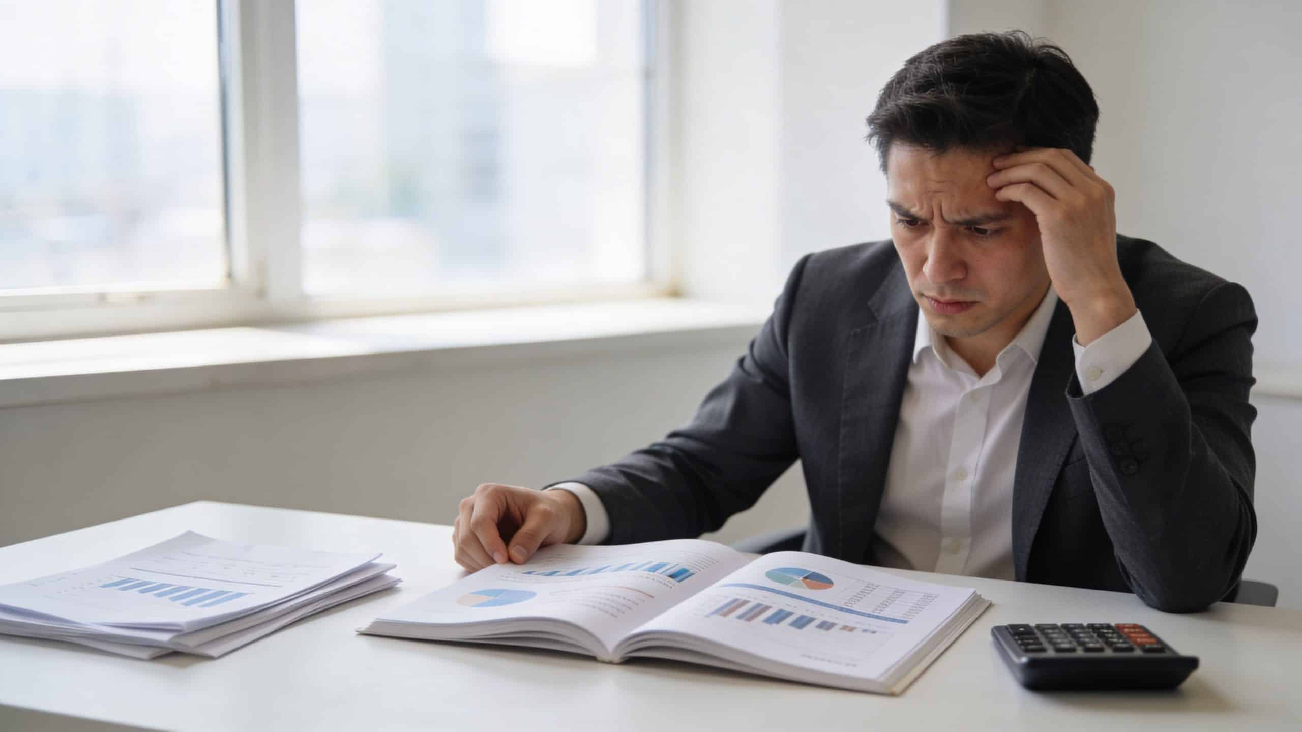 A concerned businessman looking at financial documents and charts with a calculator on his office desk.