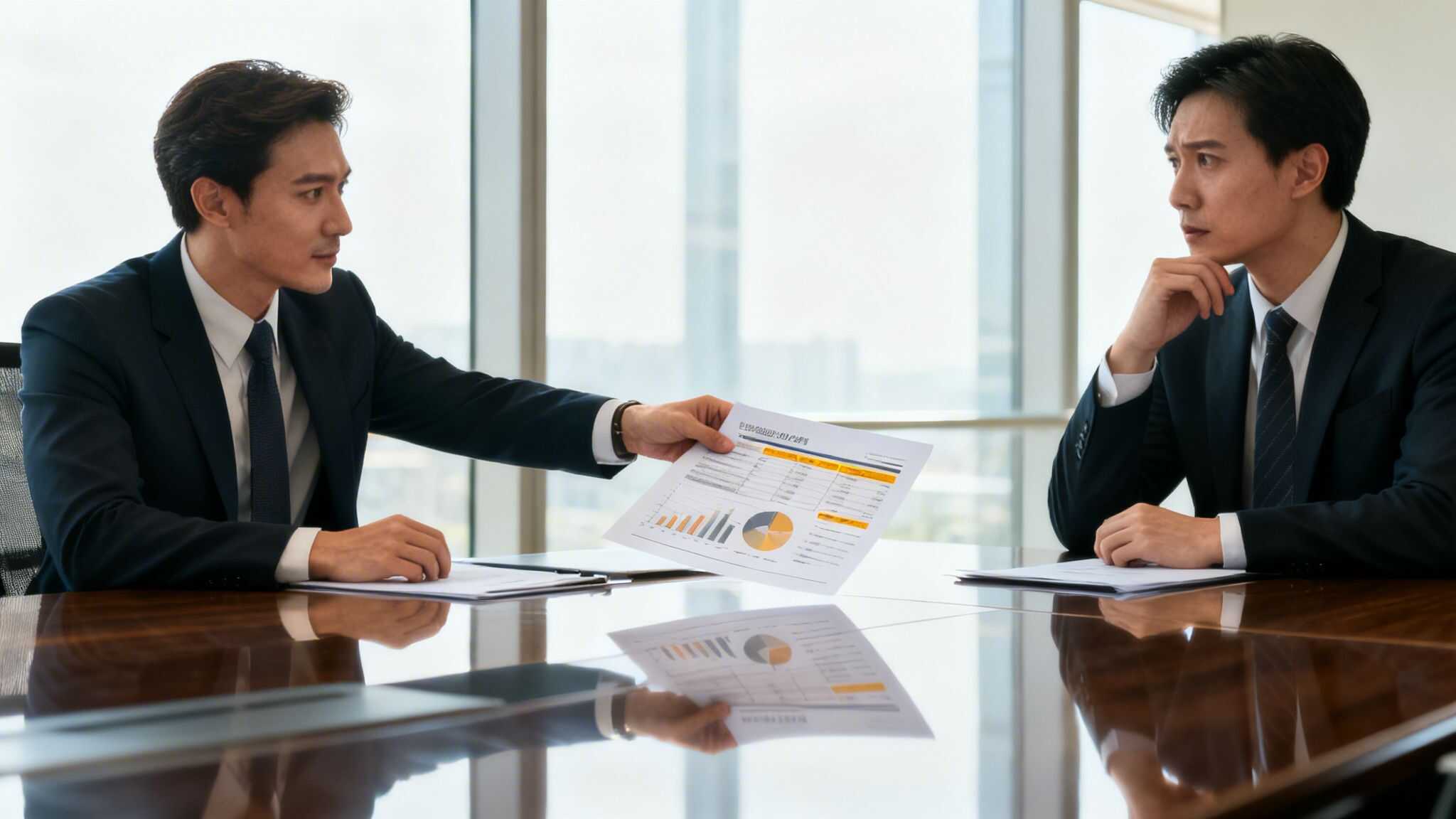 Two professionals discussing business documents in a modern office setting.