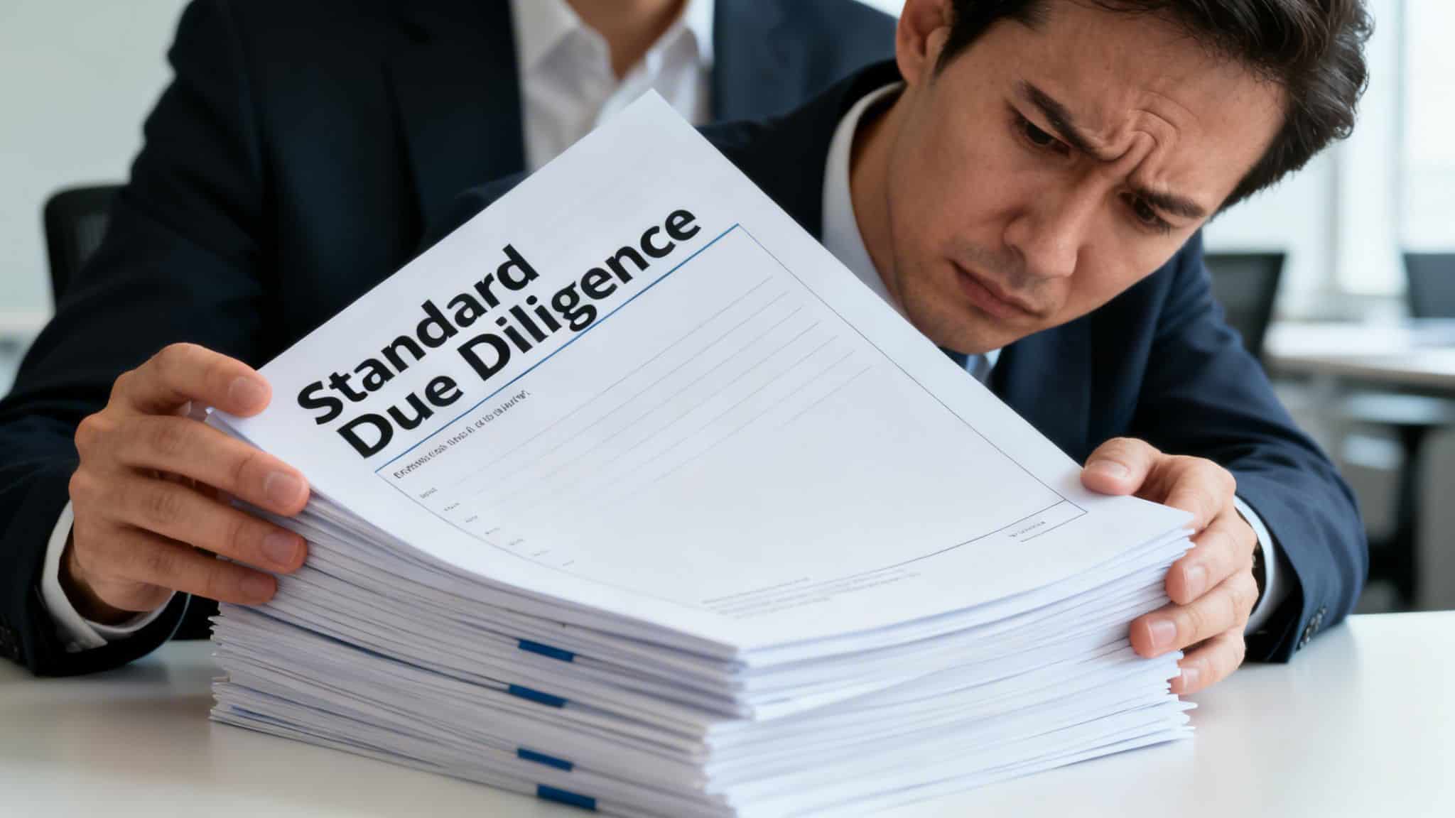 Business buyer reviewing due diligence documents for acquisition.