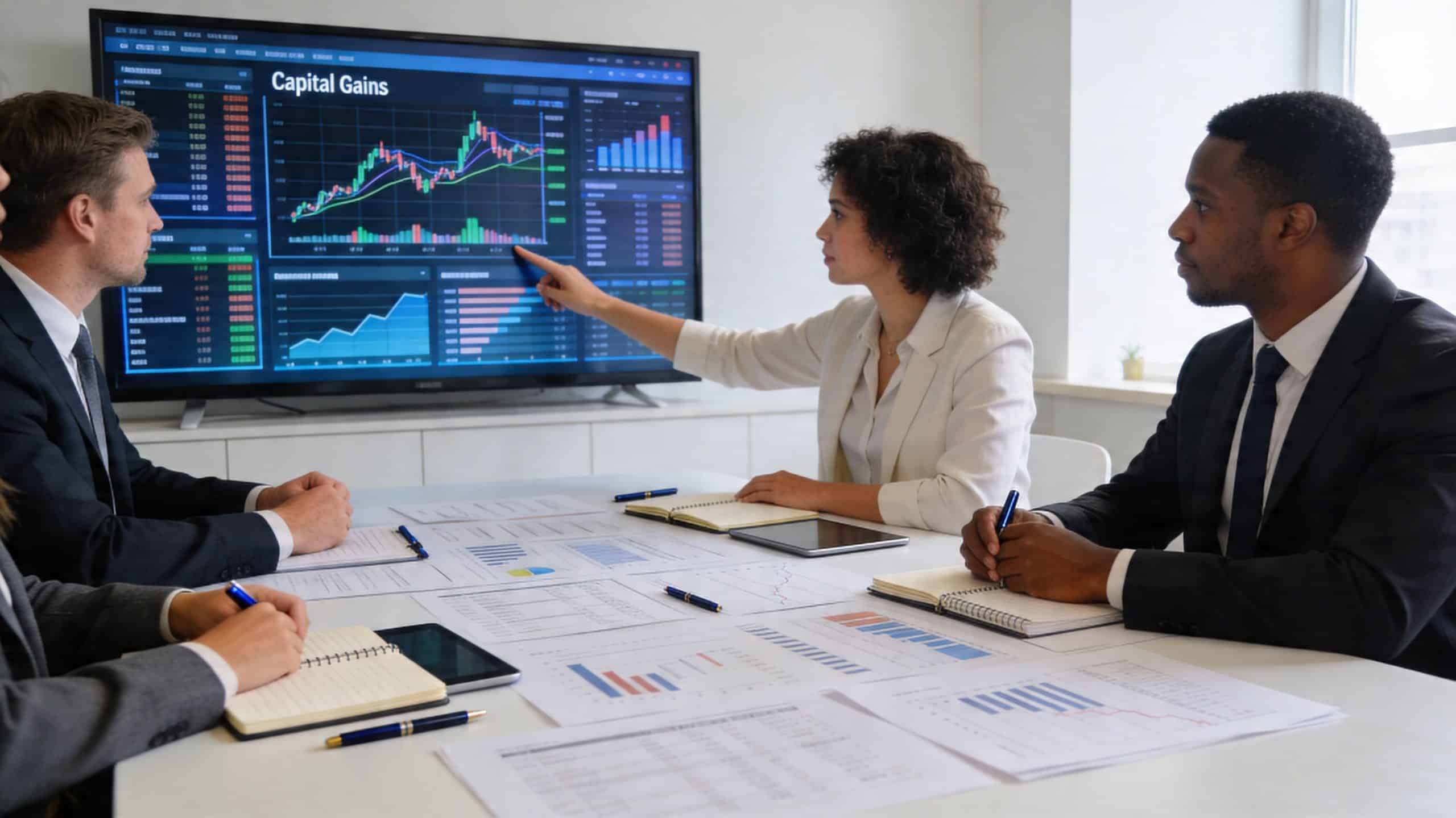 A diverse group of business professionals discussing capital gains in a professional office meeting setting