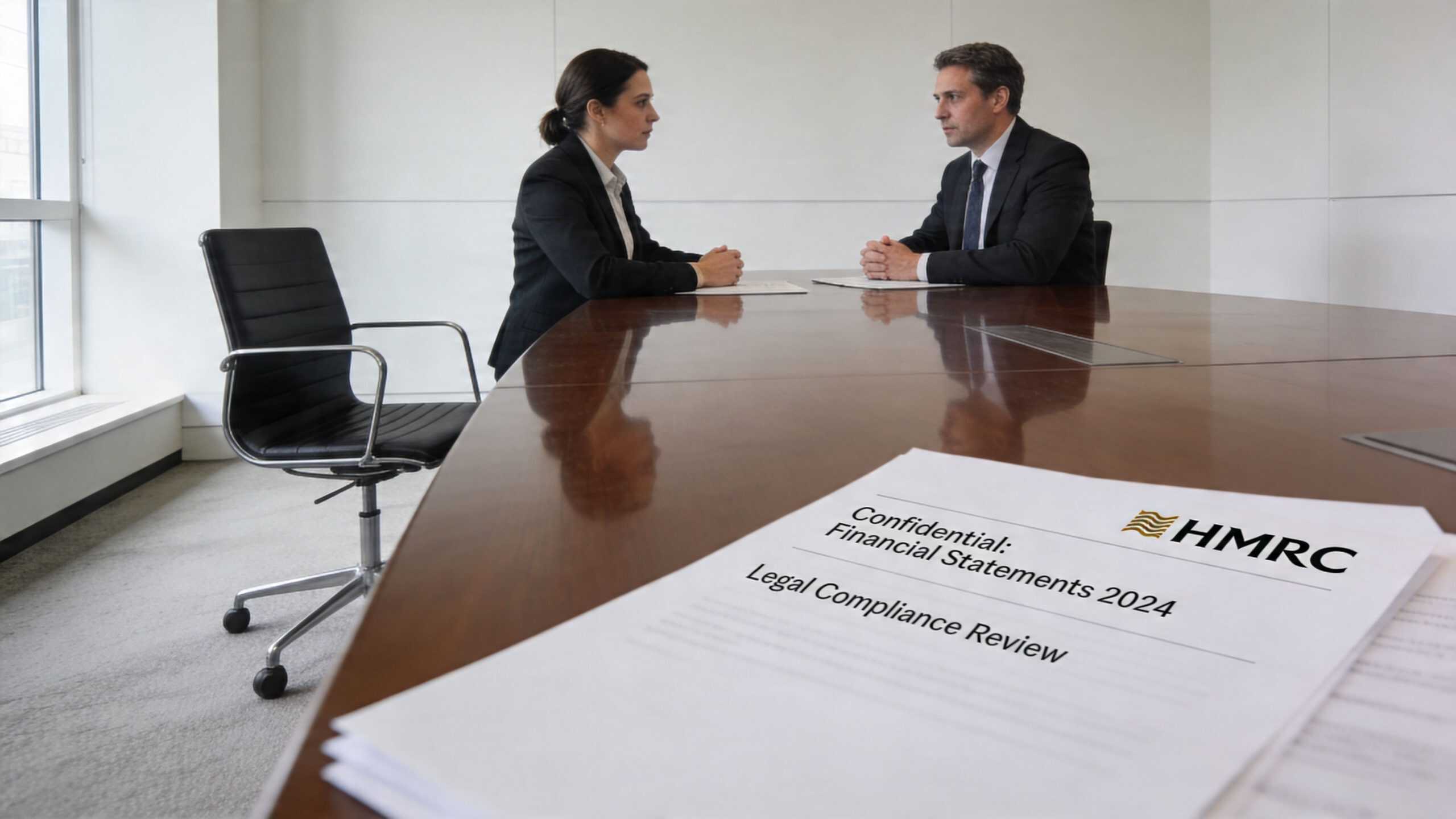 A professional man and woman sit across from each other in a meeting room with financial documents.