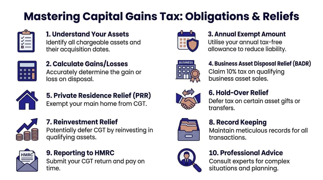 An infographic titled Mastering Capital Gains Tax detailing ten key steps for managing obligations and reliefs.