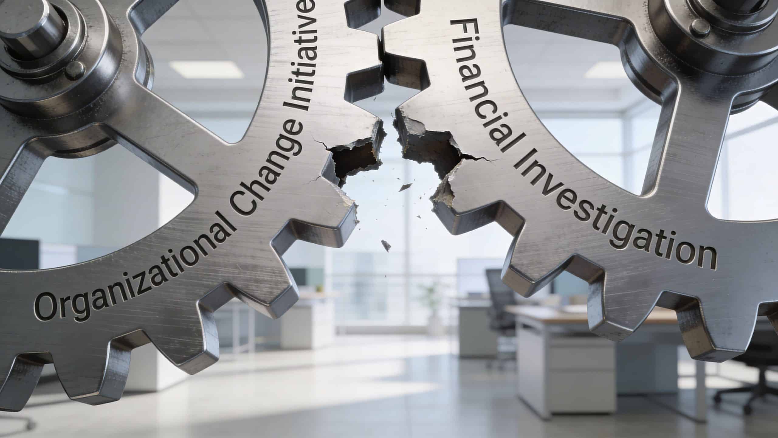 Two large metal gears with broken teeth labeled Organizational Change Initiative and Financial Investigation in an office.