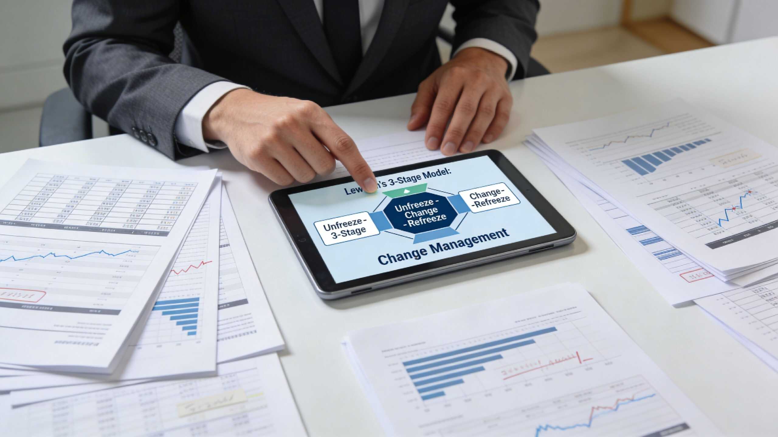 A professional in a suit pointing at a tablet displaying Lewin's 3-Stage Model of change management.