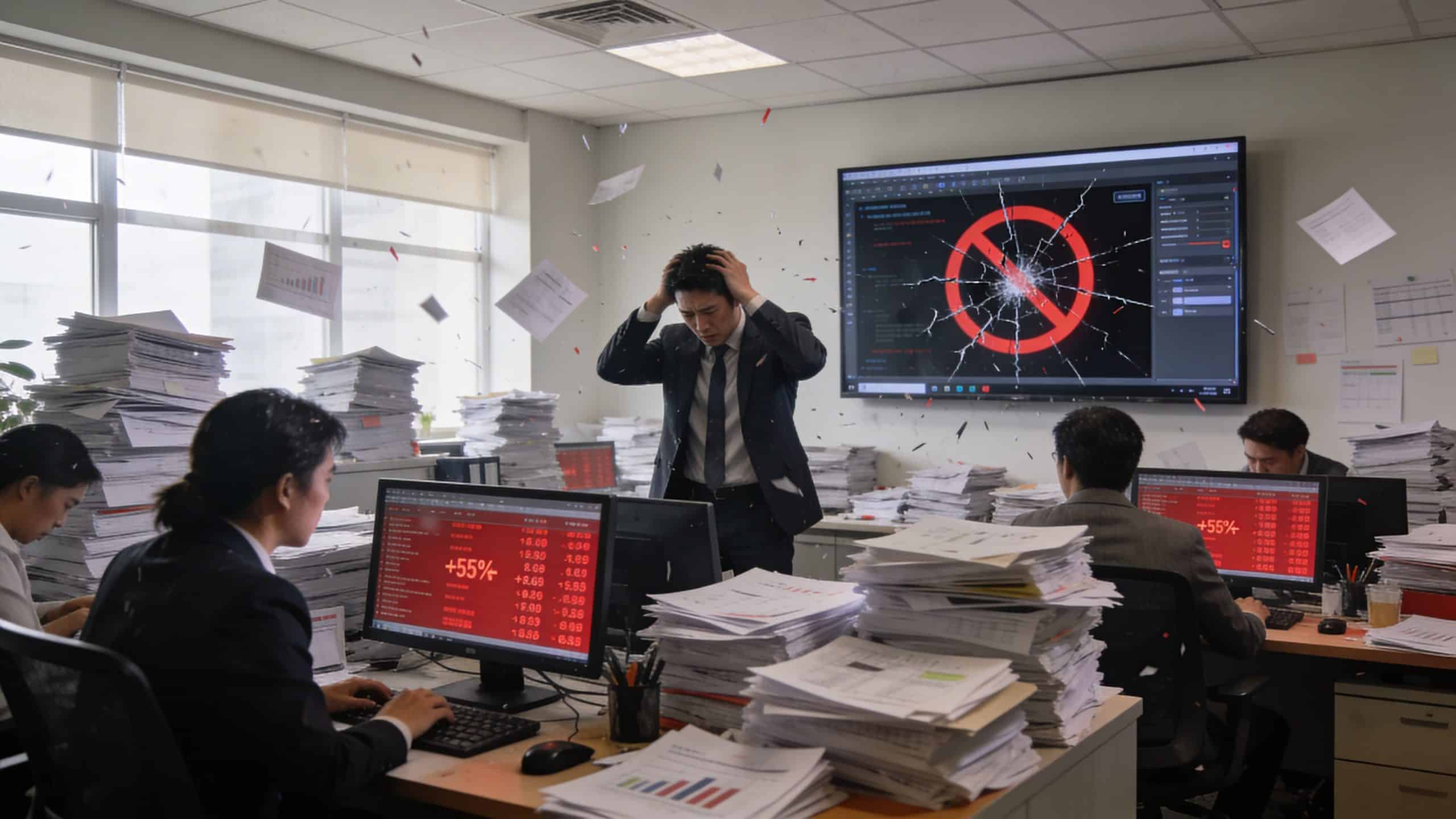 Stressed office worker in a chaotic room with falling papers and a cracked digital screen display.