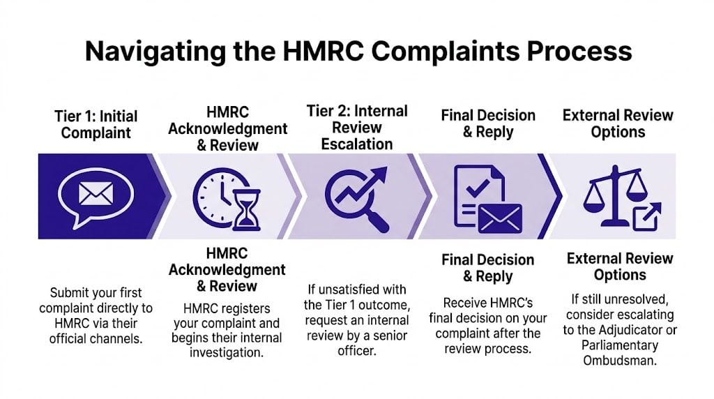 A flow chart illustrating the step-by-step process for making a formal complaint to HMRC in the UK.