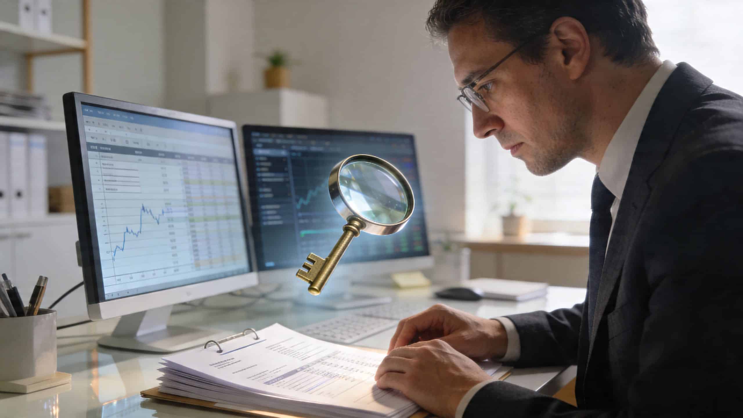 A focused professional in a suit reviewing financial documents and market data on computer monitors.