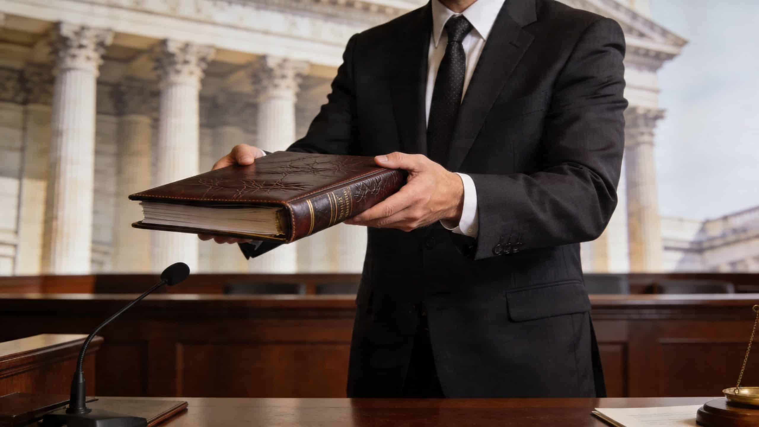 A professional man in a suit presenting a large leather-bound book in a courtroom setting.