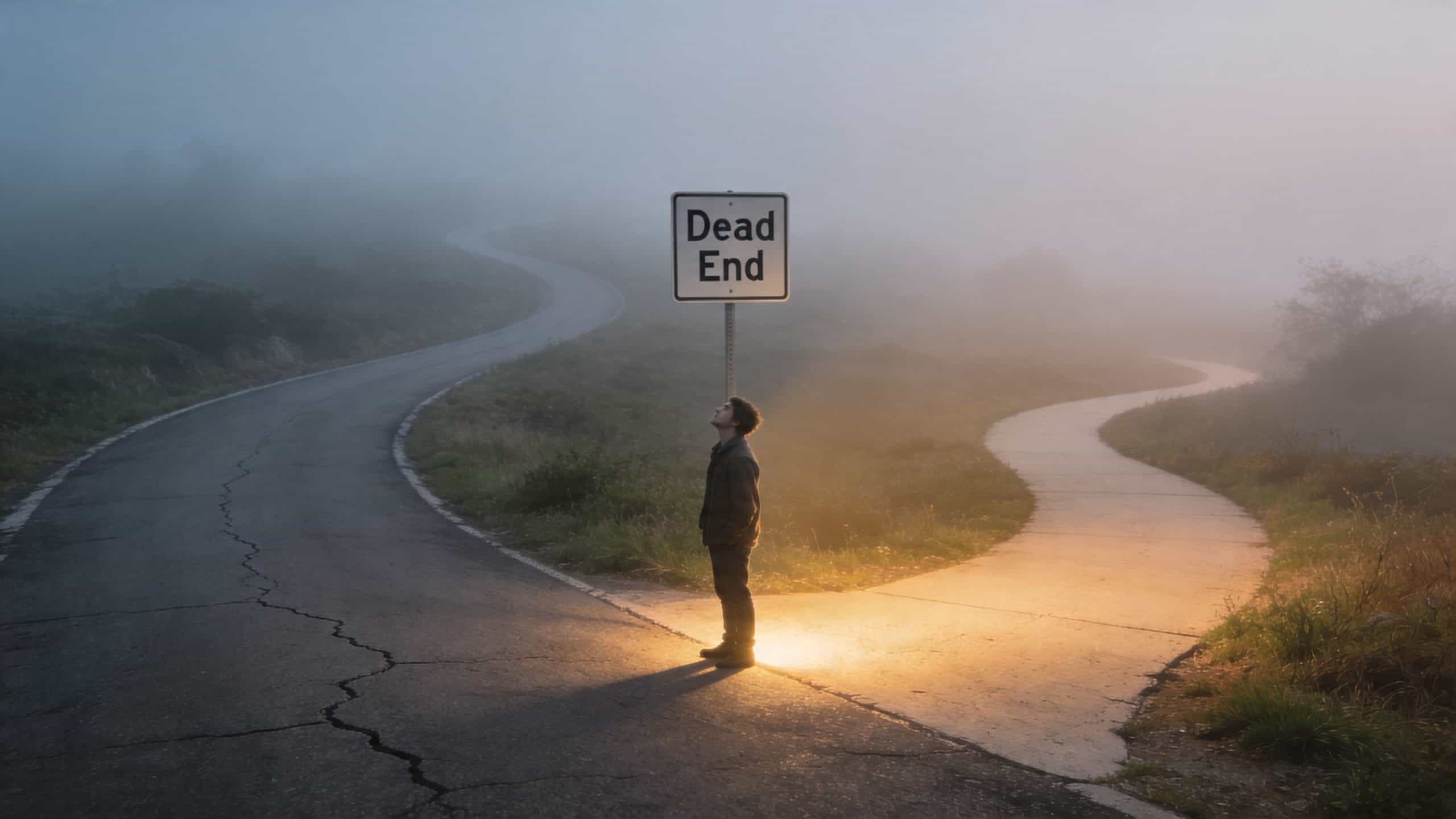 A person standing at a fork in the road under a sign reading Dead End in fog.