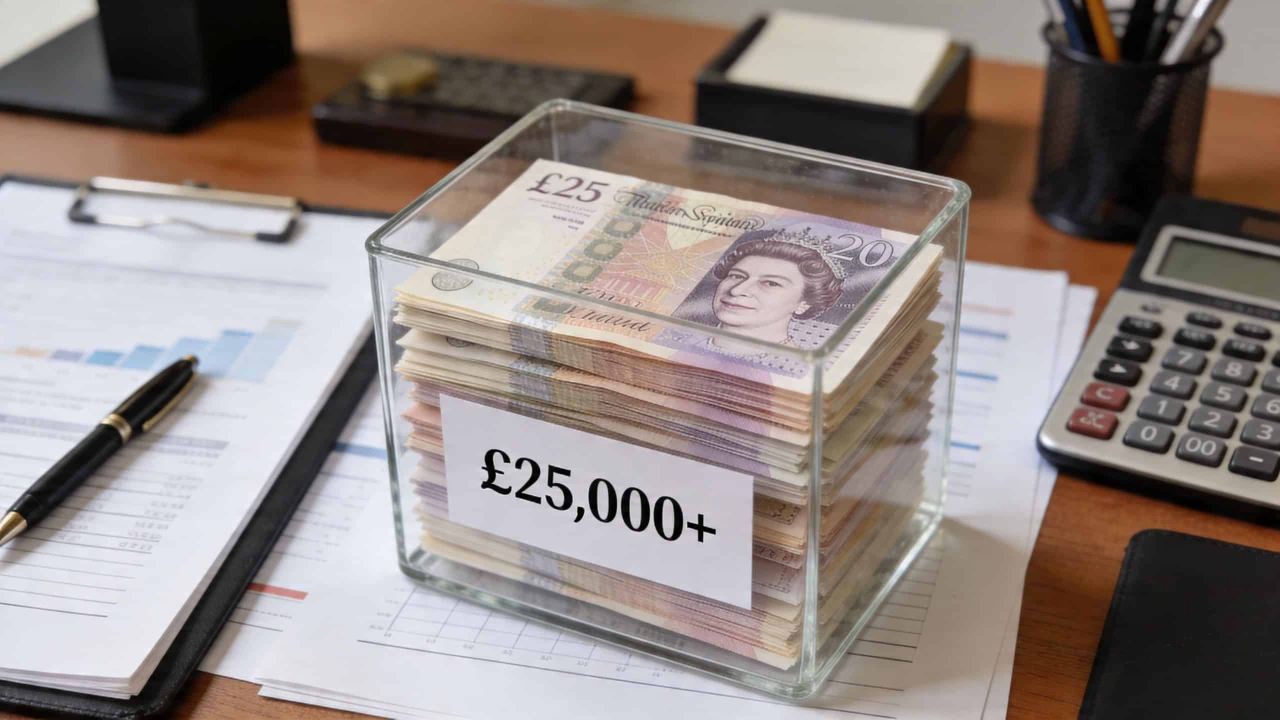A glass container filled with British Pound banknotes sitting on a desk with a calculator and documents.