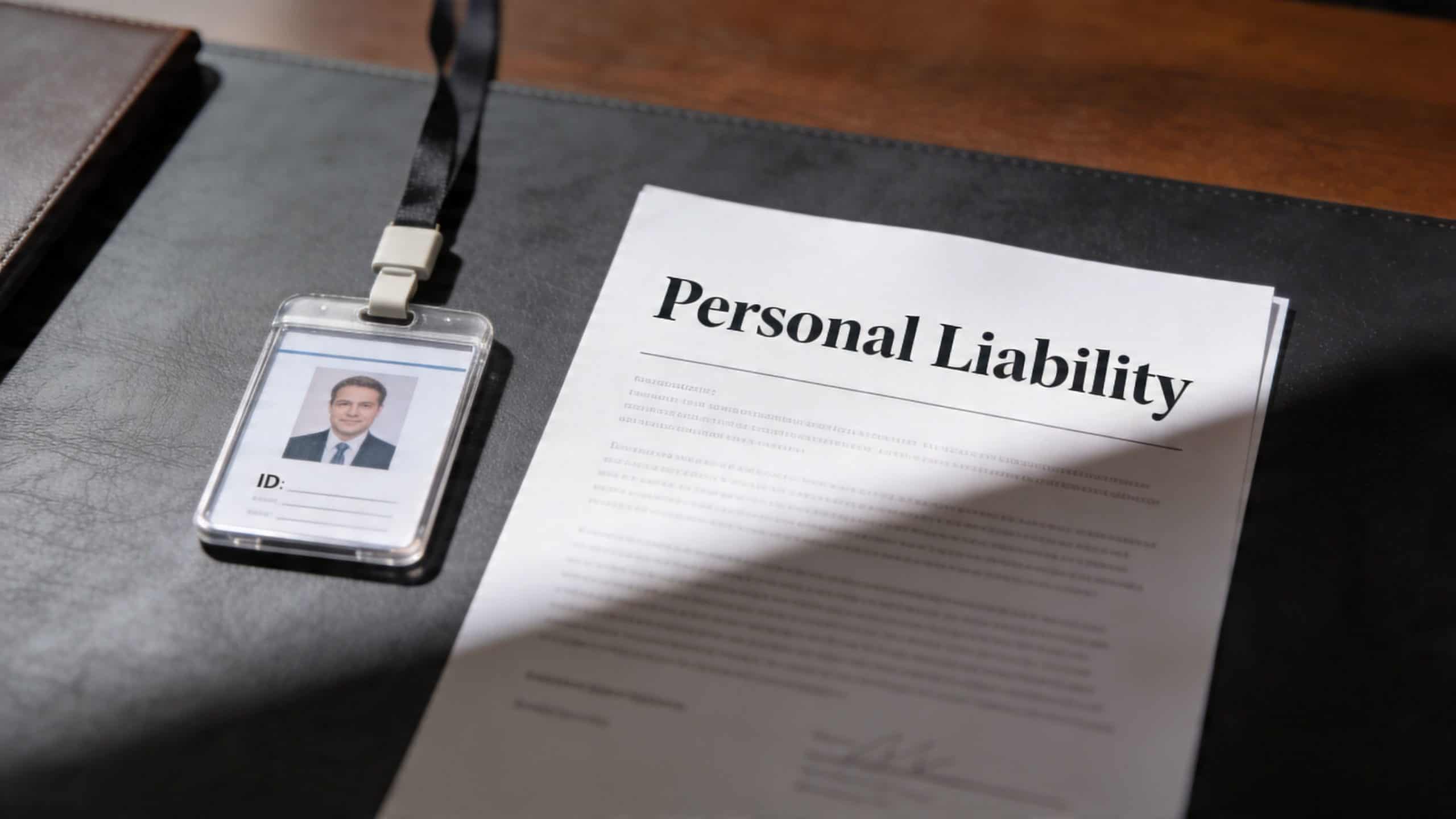A professional document titled Personal Liability placed next to a person's security identification badge on a desk.