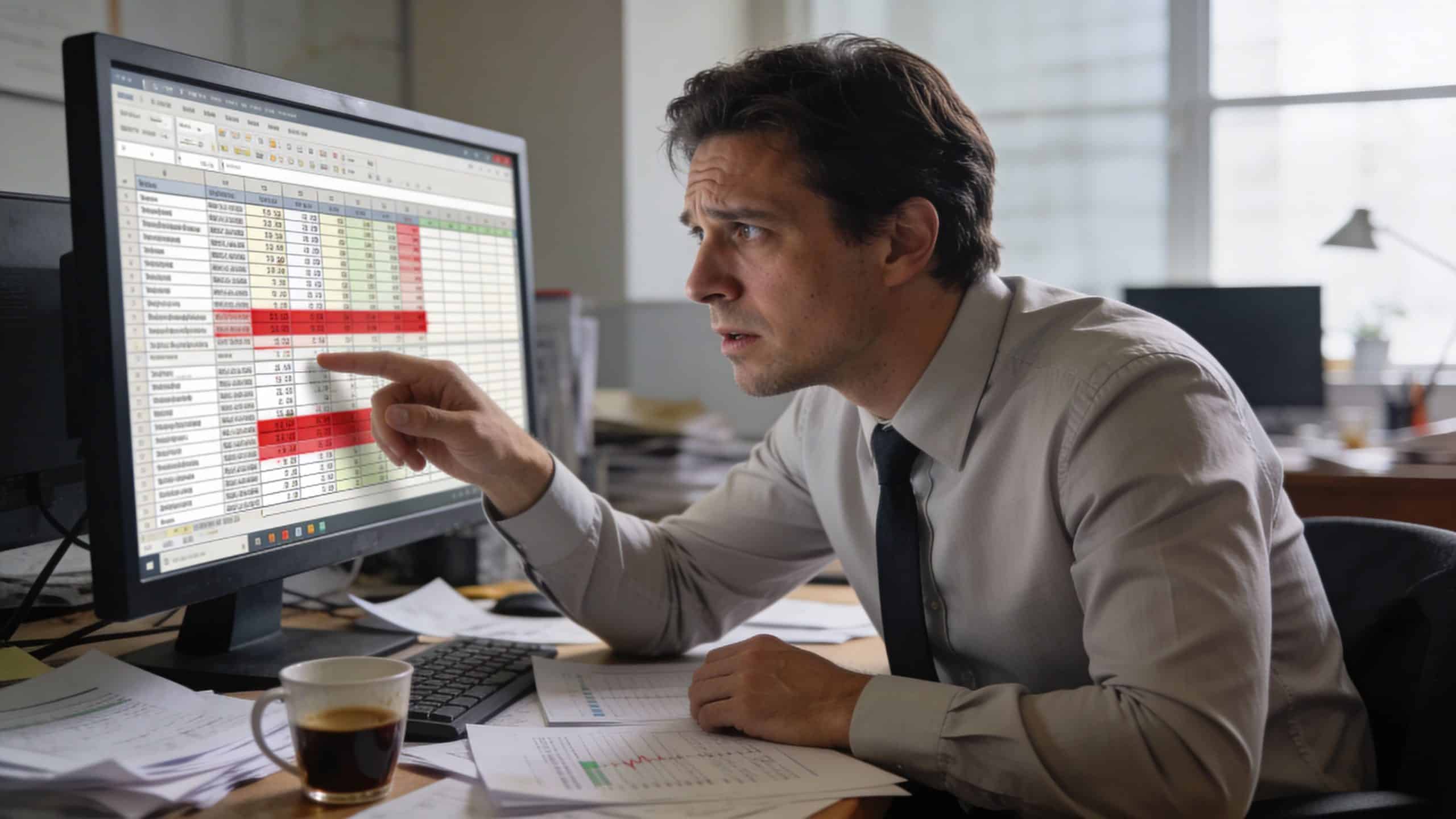 A focused businessman in an office environment pointing at a complex spreadsheet on a computer monitor.