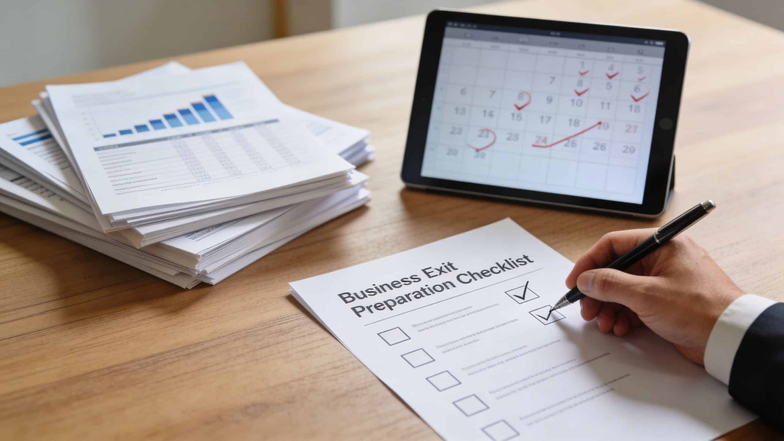 A professional completing a business exit preparation checklist with a tablet displaying a calendar in the background.
