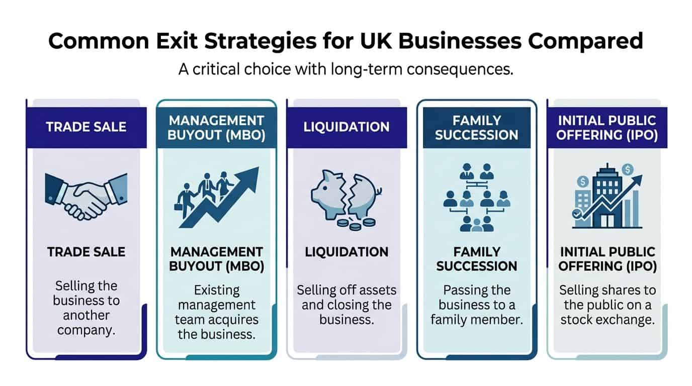 An infographic titled Common Exit Strategies for UK Businesses comparing five different types of business exit methods.