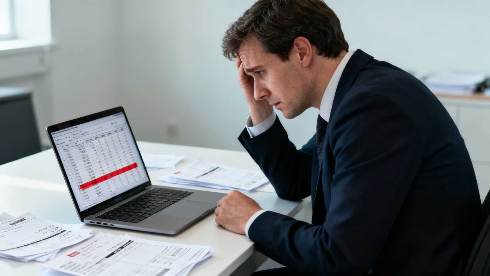 Businessman analyzing risk assessment data on laptop for safety compliance.