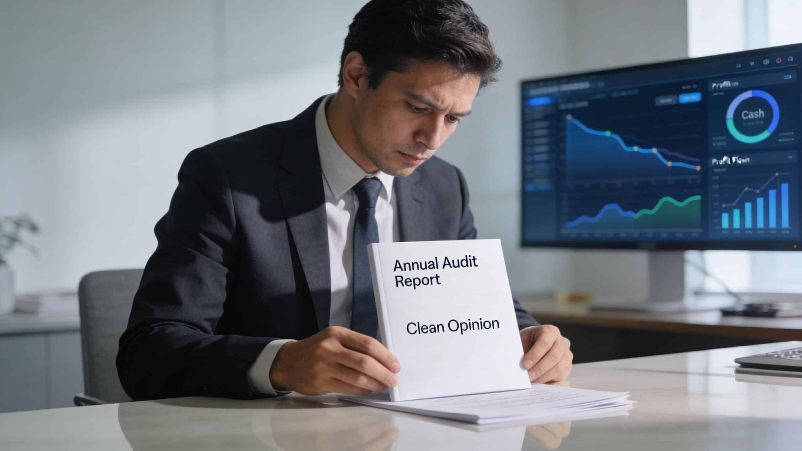 A professional in a suit reviewing an Annual Audit Report marked with a Clean Opinion at a desk.