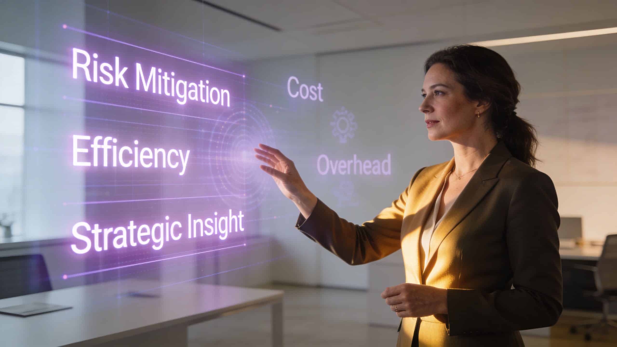A professional woman interacting with a holographic interface displaying business concepts like risk mitigation and efficiency.