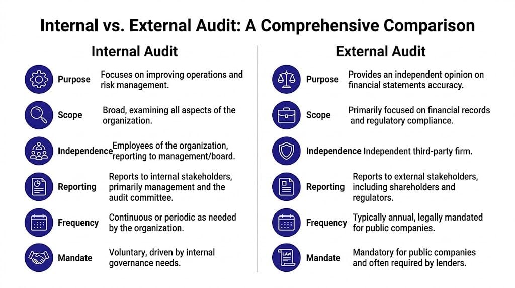 A comparison chart outlining the key differences between internal audits and external audits for organizations.