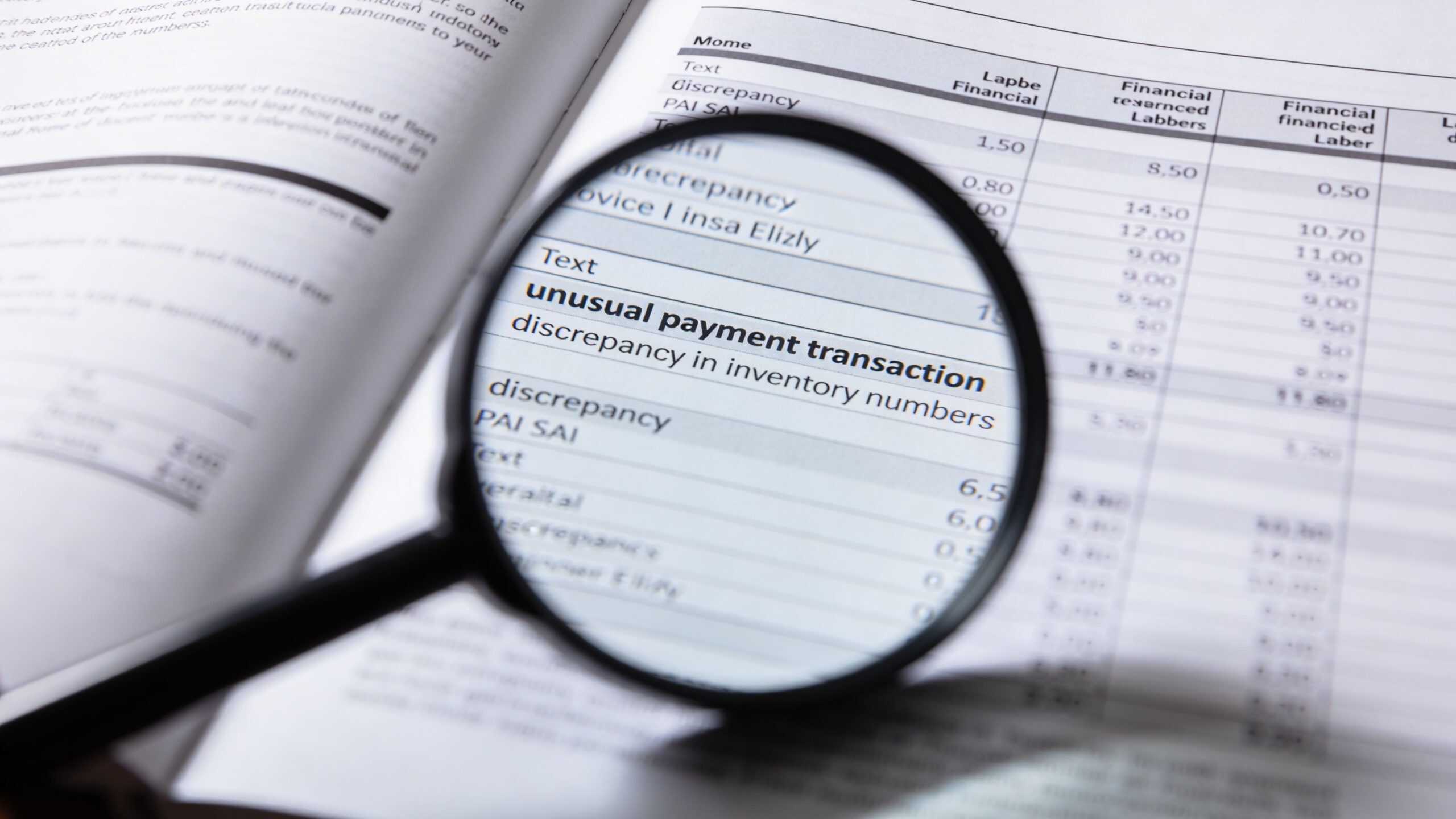 A magnifying glass positioned over a financial document highlighting the words unusual payment transaction and inventory discrepancy.