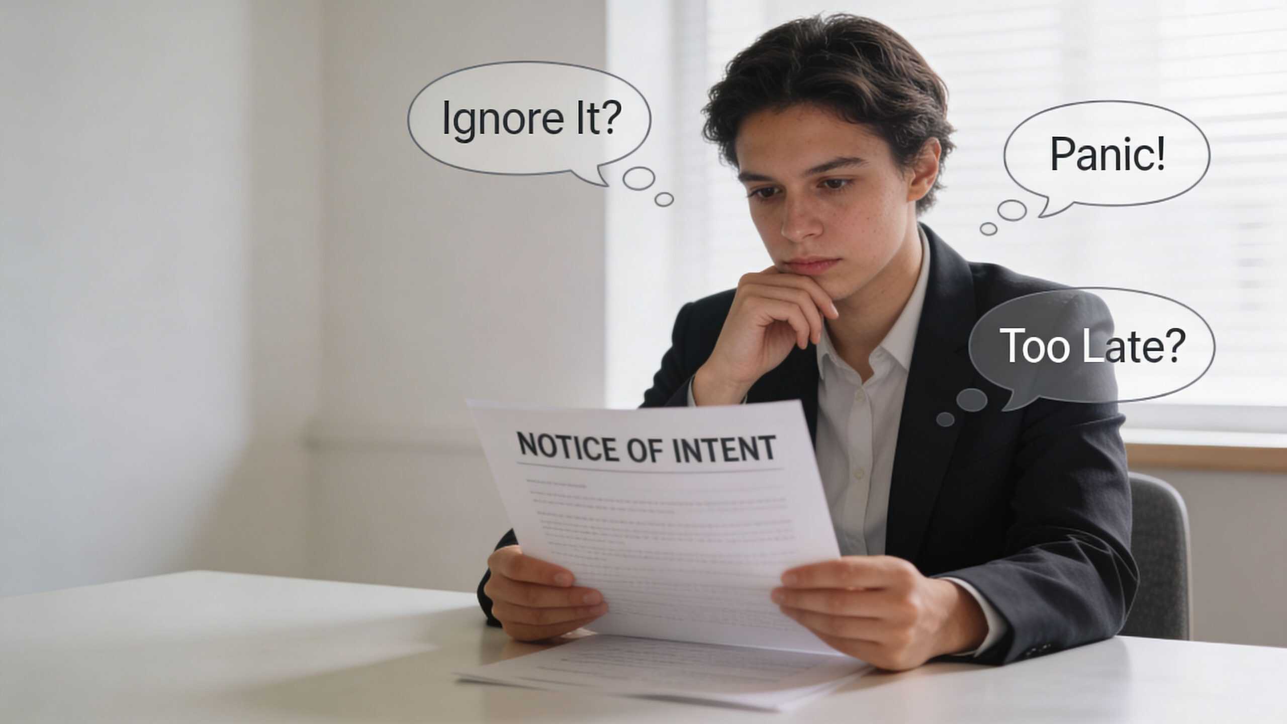A young man in a suit looking concerned while reading a document titled Notice of Intent.